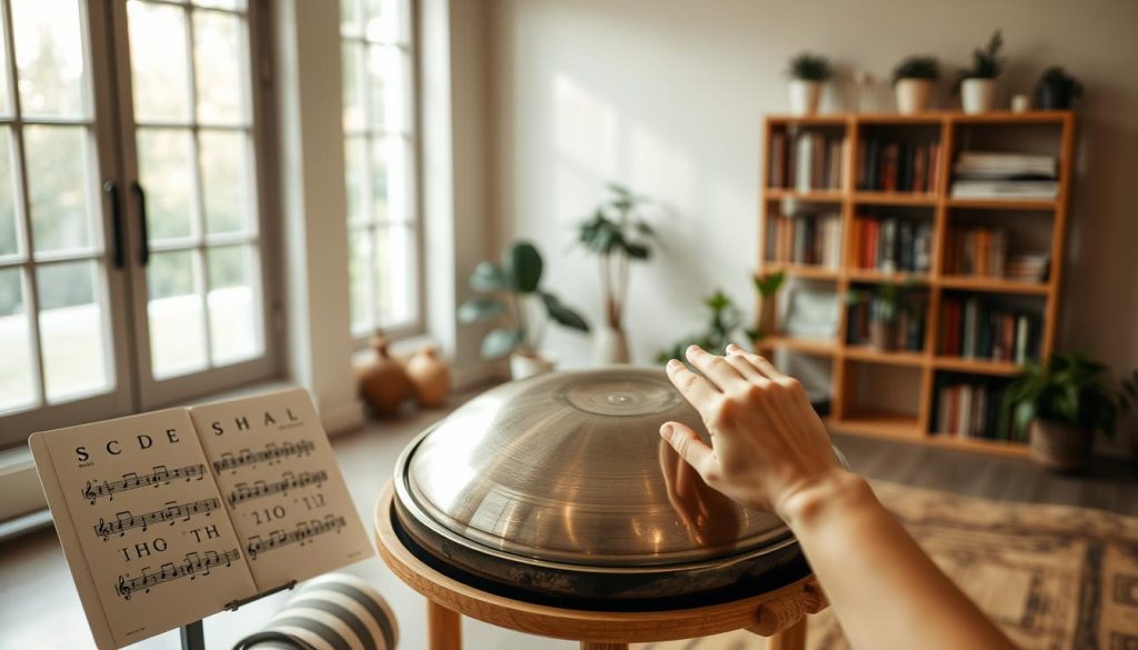 A serene indoor music room, softly lit by natural light streaming through large windows, showcasing a handpan placed on a simple wooden stand. In the foreground, a pair of hands gently striking the handpan, illustrating basic exercise techniques. The middle ground features sheet music with notations of scales and exercises, subtly blurred to keep the focus on the handpan. In the background, shelves lined with musical books and decorative plants add a calming atmosphere. The overall mood is warm and inviting, emphasizing a peaceful environment conducive to learning. Use a slightly tilted angle to suggest an interactive perspective, capturing the essence of beginners’ practice and exploration. A serene indoor music room, softly lit by natural light streaming through large windows, showcasing a handpan placed on a simple wooden stand. In the foreground, a pair of hands gently striking the handpan, illustrating basic exercise techniques. The middle ground features sheet music with notations of scales and exercises, subtly blurred to keep the focus on the handpan. In the background, shelves lined with musical books and decorative plants add a calming atmosphere. The overall mood is warm and inviting, emphasizing a peaceful environment conducive to learning. Use a slightly tilted angle to suggest an interactive perspective, capturing the essence of beginners’ practice and exploration.
