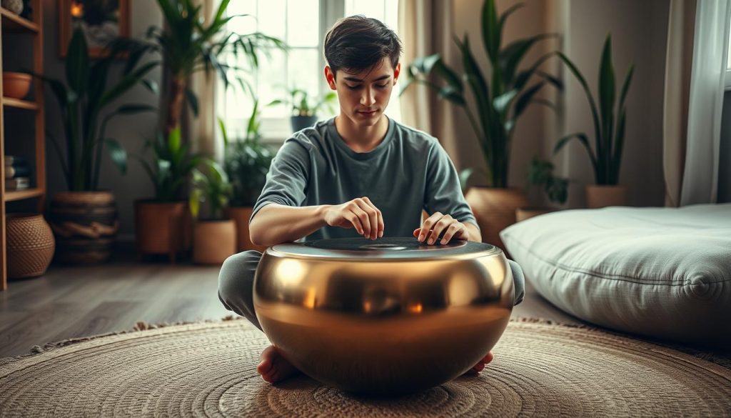 A serene indoor scene depicting a beginner handpan player, seated cross-legged on a soft, natural fiber rug. The individual, a young adult dressed in comfortable, modest casual attire, focuses intently on the handpan, which gleams softly under warm, diffused lighting. In the foreground, the handpan, a beautifully crafted instrument with intricate patterns, is prominently featured, reflecting light. In the middle ground, the player strikes the handpan with calm concentration, showcasing proper posture. In the background, a cozy space is filled with plants and soft textures, creating a tranquil atmosphere that suggests a routine of practice and mindfulness. The perspective is from a slightly elevated angle, emphasizing the handpan and the player’s determined expression, evoking a sense of dedication and peace. A serene indoor scene depicting a beginner handpan player, seated cross-legged on a soft, natural fiber rug. The individual, a young adult dressed in comfortable, modest casual attire, focuses intently on the handpan, which gleams softly under warm, diffused lighting. In the foreground, the handpan, a beautifully crafted instrument with intricate patterns, is prominently featured, reflecting light. In the middle ground, the player strikes the handpan with calm concentration, showcasing proper posture. In the background, a cozy space is filled with plants and soft textures, creating a tranquil atmosphere that suggests a routine of practice and mindfulness. The perspective is from a slightly elevated angle, emphasizing the handpan and the player’s determined expression, evoking a sense of dedication and peace.