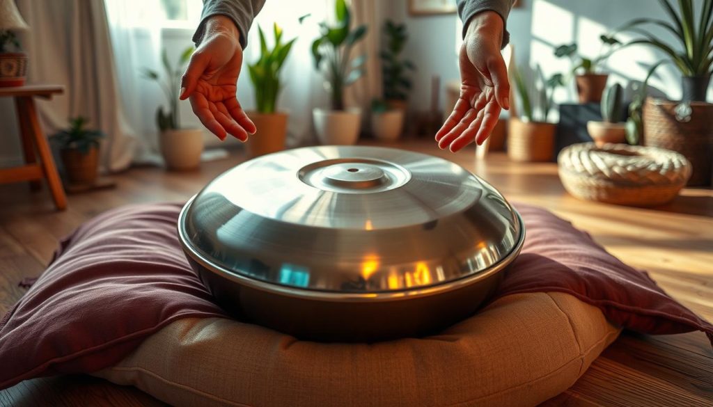 A serene indoor setting showcasing a handpan positioned on a comfortable cushion atop a wooden floor. In the foreground, a pair of hands gently hover above the handpan, showcasing a relaxed but attentive posture, dressed in modest casual attire. The midground features the handpan itself, reflecting its unique and artistic design with vibrant, metallic tones illuminated by soft, diffused natural light streaming in from a nearby window. In the background, a cozy room filled with plants and gentle decor enhances the calm atmosphere of practice and focus. The lens captures the image at a warm angle, inviting a sense of tranquility and mindfulness in the art of playing the handpan. A serene indoor setting showcasing a handpan positioned on a comfortable cushion atop a wooden floor. In the foreground, a pair of hands gently hover above the handpan, showcasing a relaxed but attentive posture, dressed in modest casual attire. The midground features the handpan itself, reflecting its unique and artistic design with vibrant, metallic tones illuminated by soft, diffused natural light streaming in from a nearby window. In the background, a cozy room filled with plants and gentle decor enhances the calm atmosphere of practice and focus. The lens captures the image at a warm angle, inviting a sense of tranquility and mindfulness in the art of playing the handpan.