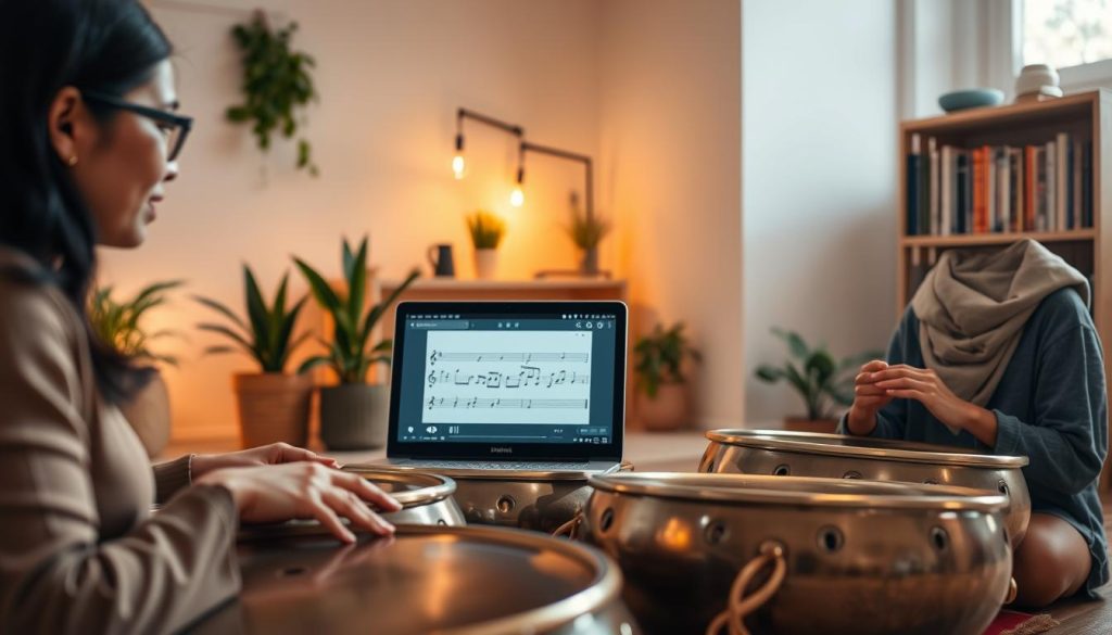 A serene, inspiring scene depicting a handpan learning environment. In the foreground, a diverse group of three students—one woman of Asian descent, one man of Black descent, and one woman of Middle-Eastern descent—are seated with handpans on their laps, attentively focusing on an online tutorial displayed on a laptop. Their expressions convey concentration and excitement. In the middle ground, a cozy, well-lit room with warm ambient lighting, featuring plants and musical notes gently floating around, creates a peaceful atmosphere. The background shows a subtle glimpse of a bookshelf filled with music books, enhancing the scholarly vibe. The image captures the essence of online learning and musical progression, emphasizing focus and joy in mastering the handpan. A serene, inspiring scene depicting a handpan learning environment. In the foreground, a diverse group of three students—one woman of Asian descent, one man of Black descent, and one woman of Middle-Eastern descent—are seated with handpans on their laps, attentively focusing on an online tutorial displayed on a laptop. Their expressions convey concentration and excitement. In the middle ground, a cozy, well-lit room with warm ambient lighting, featuring plants and musical notes gently floating around, creates a peaceful atmosphere. The background shows a subtle glimpse of a bookshelf filled with music books, enhancing the scholarly vibe. The image captures the essence of online learning and musical progression, emphasizing focus and joy in mastering the handpan.