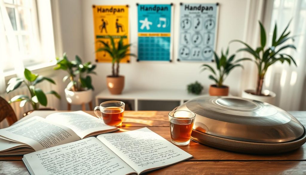 A serene workspace dedicated to learning the handpan, featuring a polished handpan positioned on a wooden table. The foreground includes a pair of open books and handwritten notes about learning methods, with a warm cup of tea next to them. In the middle ground, a wall decorated with vibrant posters illustrating different handpan techniques and practice schedules adds visual interest. The background showcases a soft, sunlit room with plants, emphasizing tranquility and focus. Use natural, diffused lighting to create a calm atmosphere, with a slight lens blur to accentuate the handpan as the main subject. The overall mood should convey an inviting and inspiring learning environment. A serene workspace dedicated to learning the handpan, featuring a polished handpan positioned on a wooden table. The foreground includes a pair of open books and handwritten notes about learning methods, with a warm cup of tea next to them. In the middle ground, a wall decorated with vibrant posters illustrating different handpan techniques and practice schedules adds visual interest. The background showcases a soft, sunlit room with plants, emphasizing tranquility and focus. Use natural, diffused lighting to create a calm atmosphere, with a slight lens blur to accentuate the handpan as the main subject. The overall mood should convey an inviting and inspiring learning environment.
