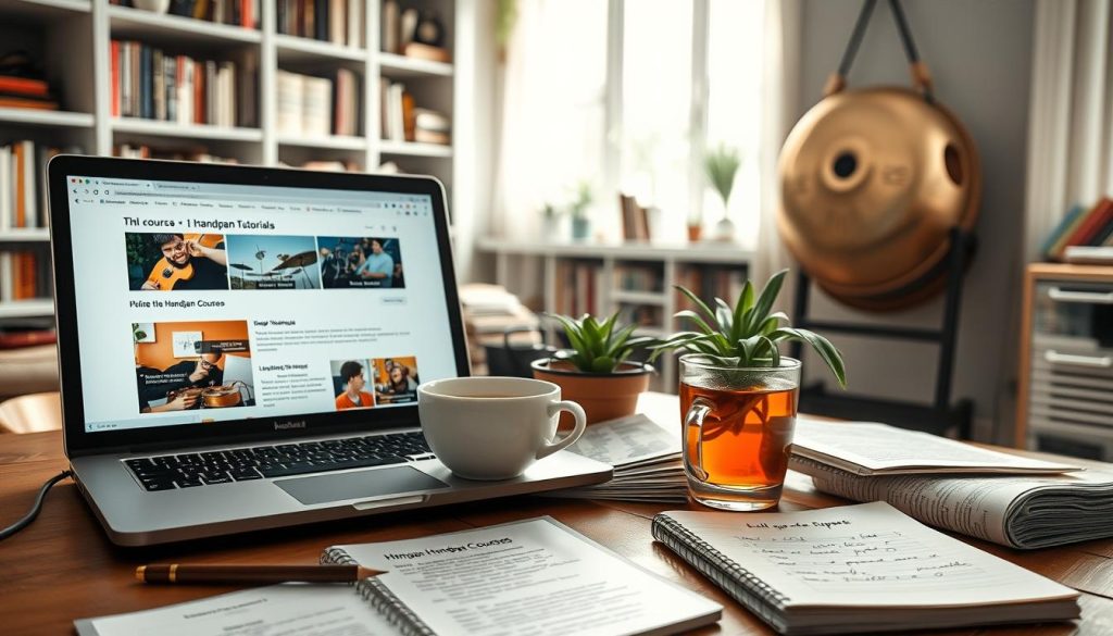 A serene workspace filled with resources for online handpan courses. In the foreground, an open laptop displays a colorful web page with handpan tutorials and free PDFs, surrounded by neatly arranged printed resources and a notepad with handwritten notes. In the middle, a cup of herbal tea sits beside a potted plant, symbolizing a calm, productive environment. The background features soft natural light streaming through a window, illuminating a cozy room with bookshelves filled with musical literature and a handpan hanging on the wall. The scene conveys a sense of self-directed learning and exploration, inviting the viewer into a peaceful yet inspiring atmosphere perfect for embarking on an educational journey.