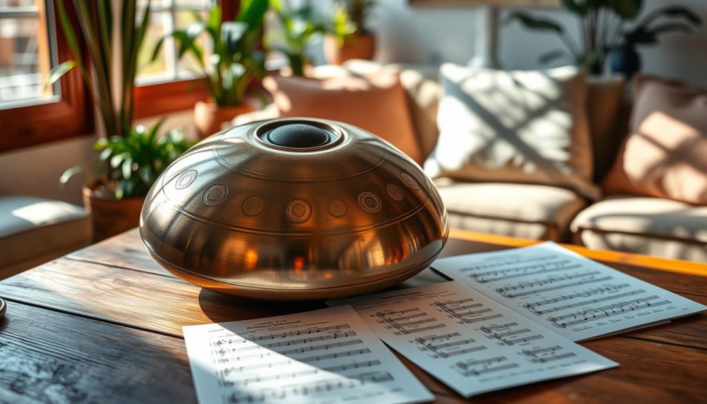 A beautifully arranged handpan with visible tablature sheets beside it, set on a rustic wooden table. In the foreground, the handpan is gleaming under soft, natural light, highlighting its unique curved surfaces and intricate notes etched on the body. The tablature sheets are neatly laid out, displaying colorful notations and patterns that reflect the medium of handpan music. The middle ground features a blurred background of indoor plant life and soft cushions to create a cozy atmosphere. The sunlight filters in through a window, casting gentle shadows, evoking a creative and serene mood. The overall composition embodies a warm, inviting space conducive to musical exploration.