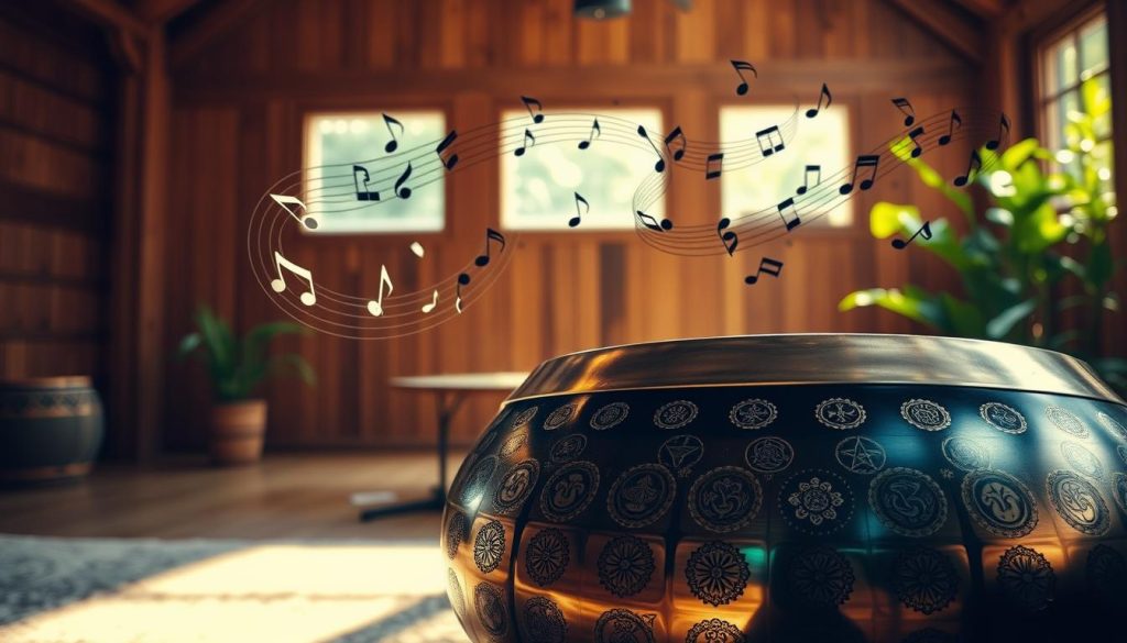A beautifully crafted handpan sits in the foreground, showcasing intricate symbols and designs engraved on its surface, reflecting a kaleidoscope of colors that shimmer in soft, ambient light. Surrounding the handpan are musical notes swirling in the air, representing the fluidity of sound and rhythm. In the middle ground, a serene, wooden practice space filled with natural light enhances the warm, inviting atmosphere. The background features a faint silhouette of lush greenery, creating a harmonious connection with nature. The composition is captured from a low angle, emphasizing the handpan, while soft shadows add depth. The mood is tranquil and inspiring, evoking creativity and exploration in music-making.