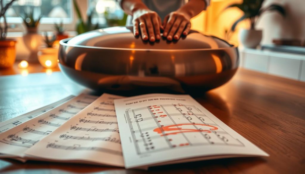 A close-up view of a beautifully crafted handpan, glistening under soft, warm lighting, placed on a wooden table. In the foreground, several colorful sheet music partitions are spread out, showcasing various handpan notes and patterns, with some notes highlighted for emphasis. The middle ground features a pair of hands gently touching the instrument, demonstrating preparation before playing. In the background, a serene, softly blurred room atmosphere with potted plants and warm lighting creates a peaceful ambiance. The image captures a moment of focus and creativity, evoking a sense of calm and inspiration, perfect for musicians preparing their handpan for practice. Consider a slightly angled perspective for depth, enhancing the handpan's curves and sheen.