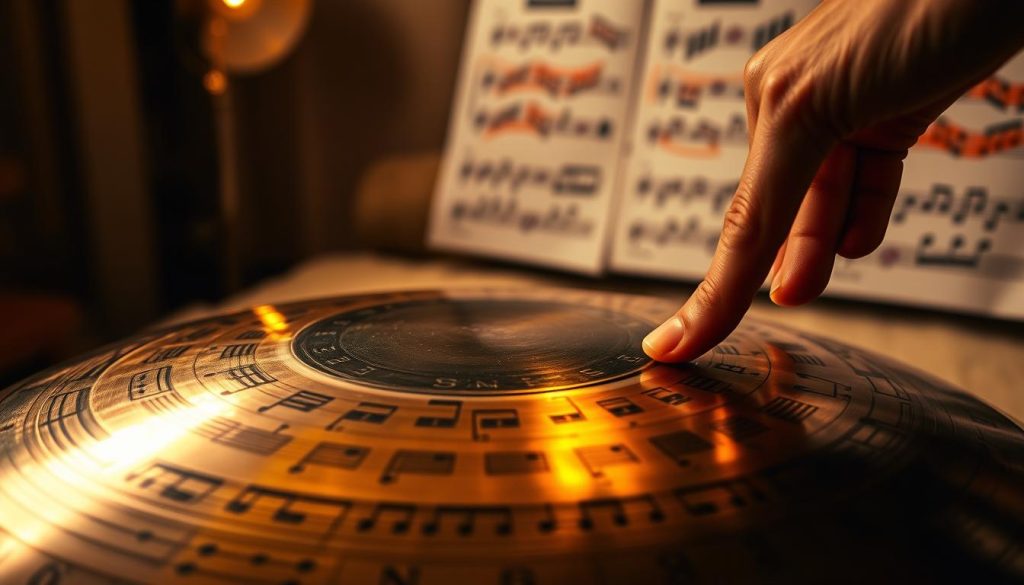 A close-up view of a beautifully crafted handpan, showcasing its polished metallic surface with intricate notes engraved around its rim. The foreground features a hand gently playing the instrument, fingers gracefully striking the surface to illustrate musical expression. In the middle, a softly illuminated space with warm, ambient lighting creates a cozy atmosphere, enhancing the handpan’s aesthetic appeal. The background includes gently blurred music sheets with colorful, adaptable patterns and notes, suggesting creativity in arranging music. The scene is presented from a slight angle, emphasizing the handpan's unique curvature. The mood is serene and inspiring, evoking a sense of peace and artistic exploration in music.
