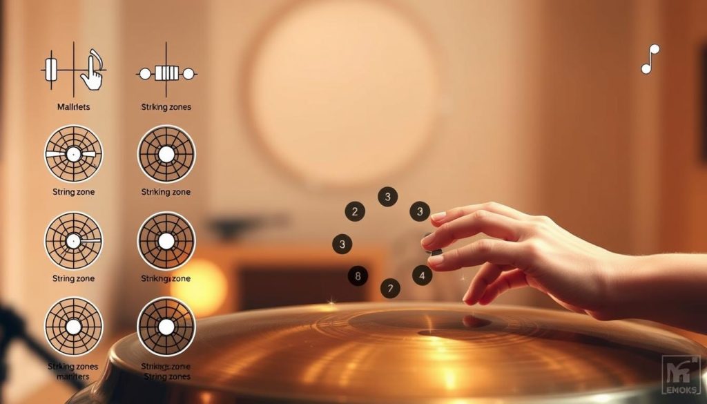 A detailed and artistic illustration showcasing various technical symbols and striking techniques used in playing the handpan. In the foreground, display intricate symbols representing different striking zones on the handpan, such as mallets and finger movements, each clearly defined and meticulously designed. The middle ground features a stylized handpan, elegantly rendered with its 9 notes highlighted, while a gentle hand is depicted playing it, conveying precision and skill. In the background, create a soft, blurred studio setting with warm, inviting lighting to evoke a serene atmosphere conducive to music creation. The focus should be on the musical symbols and techniques, ensuring a harmonious blend of art and education, capturing the essence of handpan playing without any text or distractions. A detailed and artistic illustration showcasing various technical symbols and striking techniques used in playing the handpan. In the foreground, display intricate symbols representing different striking zones on the handpan, such as mallets and finger movements, each clearly defined and meticulously designed. The middle ground features a stylized handpan, elegantly rendered with its 9 notes highlighted, while a gentle hand is depicted playing it, conveying precision and skill. In the background, create a soft, blurred studio setting with warm, inviting lighting to evoke a serene atmosphere conducive to music creation. The focus should be on the musical symbols and techniques, ensuring a harmonious blend of art and education, capturing the essence of handpan playing without any text or distractions.
