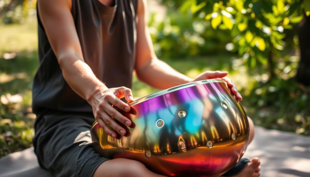A detailed close-up image of a person gently holding a handpan in a serene outdoor setting. The individual, dressed in modest casual attire, is seated on a comfortable mat, showcasing an attentive posture that reflects focus and engagement. The handpan, with its shimmering colorful surface and distinct dimples, is positioned at an angle that allows light to play off its metallic finish, creating a warm, inviting glow. Surrounding the primary subject, a softly blurred natural background of lush greenery and gentle sunlight filters through leaves, enhancing the tranquil mood. The scene captures the essence of mindfulness and the harmonious connection between the musician and the instrument, emphasizing the importance of proper handpan positioning for resonant sound. A detailed close-up image of a person gently holding a handpan in a serene outdoor setting. The individual, dressed in modest casual attire, is seated on a comfortable mat, showcasing an attentive posture that reflects focus and engagement. The handpan, with its shimmering colorful surface and distinct dimples, is positioned at an angle that allows light to play off its metallic finish, creating a warm, inviting glow. Surrounding the primary subject, a softly blurred natural background of lush greenery and gentle sunlight filters through leaves, enhancing the tranquil mood. The scene captures the essence of mindfulness and the harmonious connection between the musician and the instrument, emphasizing the importance of proper handpan positioning for resonant sound.