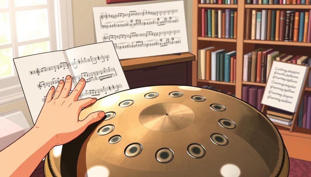 A detailed illustration of a handpan with 9 notes, set in a cozy, well-lit music studio. In the foreground, the handpan is prominently displayed, showcasing its unique metallic surface and nine distinct notes arranged in a circular pattern. To the left, two hands (one right, one left) are gracefully positioned over the instrument, demonstrating finger placements for various exercises. In the middle ground, there are musical sheets with neatly written notation, highlighting measures and rhythmic patterns relevant for practice. The background features shelves filled with music books and a soft-focus window allowing natural light to stream in, creating a warm and inviting atmosphere. The overall mood is focused and serene, perfect for a learning environment. A detailed illustration of a handpan with 9 notes, set in a cozy, well-lit music studio. In the foreground, the handpan is prominently displayed, showcasing its unique metallic surface and nine distinct notes arranged in a circular pattern. To the left, two hands (one right, one left) are gracefully positioned over the instrument, demonstrating finger placements for various exercises. In the middle ground, there are musical sheets with neatly written notation, highlighting measures and rhythmic patterns relevant for practice. The background features shelves filled with music books and a soft-focus window allowing natural light to stream in, creating a warm and inviting atmosphere. The overall mood is focused and serene, perfect for a learning environment.