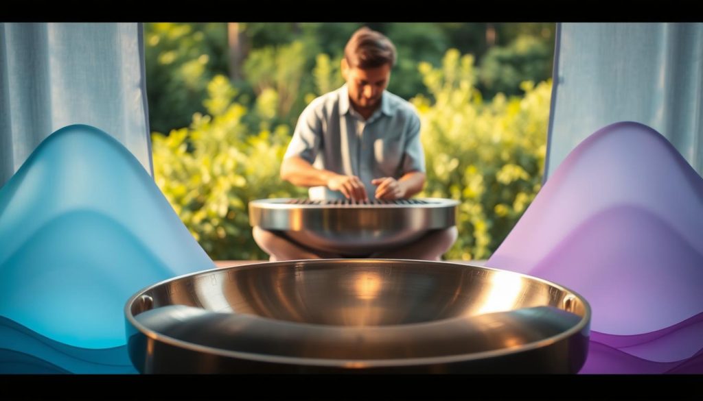 A serene and immersive setup featuring a handpan and two distinct tonefields arranged harmoniously in the foreground. The handpan, gleaming in polished steel with intricate notes etched on its surface, sits prominently, reflecting soft golden light from a nearby window. The surrounding tonefields, resembling soft, colorful waves, should evoke a sense of calm and tranquility with pastel hues of blue, lavender, and soft green. In the middle ground, a musician in modest casual attire gently plays the handpan, engaged and focused, embodying the essence of learning and creativity. The background is a softly blurred natural setting, filled with greenery, allowing the gaze to drift towards the subjects without distraction. The lighting is warm and inviting, creating a peaceful atmosphere perfect for an instructional tutorial. The image composition is slightly angled to draw the viewer's eye to the musician's hands on the handpan, capturing a moment of musical inspiration. A serene and immersive setup featuring a handpan and two distinct tonefields arranged harmoniously in the foreground. The handpan, gleaming in polished steel with intricate notes etched on its surface, sits prominently, reflecting soft golden light from a nearby window. The surrounding tonefields, resembling soft, colorful waves, should evoke a sense of calm and tranquility with pastel hues of blue, lavender, and soft green. In the middle ground, a musician in modest casual attire gently plays the handpan, engaged and focused, embodying the essence of learning and creativity. The background is a softly blurred natural setting, filled with greenery, allowing the gaze to drift towards the subjects without distraction. The lighting is warm and inviting, creating a peaceful atmosphere perfect for an instructional tutorial. The image composition is slightly angled to draw the viewer's eye to the musician's hands on the handpan, capturing a moment of musical inspiration.