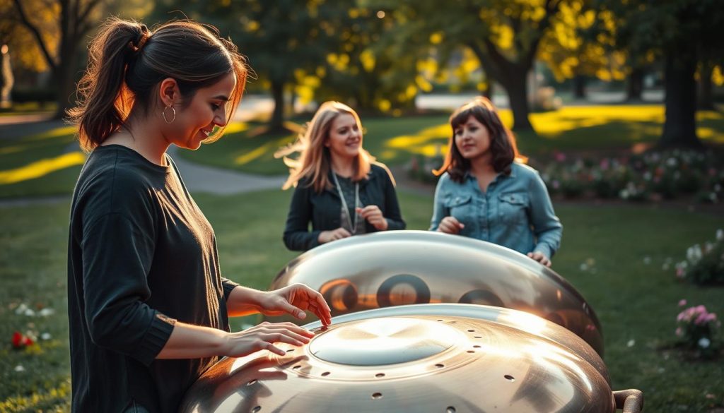 A serene and inviting scene depicting a diverse group of three handpan teachers in a warmly lit outdoor setting, showcasing their unique instruments. In the foreground, one teacher plays a handpan, vibrant reflections of the sun illuminating the polished metal. The middle layer features two other teachers engaged in a friendly conversation, showcasing their diverse backgrounds and experiences. The background captures a peaceful park scene, with soft green grass, flowering plants, and gentle sunlight filtering through trees. The atmosphere is friendly and encouraging, conveying a sense of community and shared passion for music. The image should evoke warmth and inspiration, inviting viewers to explore the world of handpan music with certified professionals. A serene and inviting scene depicting a diverse group of three handpan teachers in a warmly lit outdoor setting, showcasing their unique instruments. In the foreground, one teacher plays a handpan, vibrant reflections of the sun illuminating the polished metal. The middle layer features two other teachers engaged in a friendly conversation, showcasing their diverse backgrounds and experiences. The background captures a peaceful park scene, with soft green grass, flowering plants, and gentle sunlight filtering through trees. The atmosphere is friendly and encouraging, conveying a sense of community and shared passion for music. The image should evoke warmth and inspiration, inviting viewers to explore the world of handpan music with certified professionals.