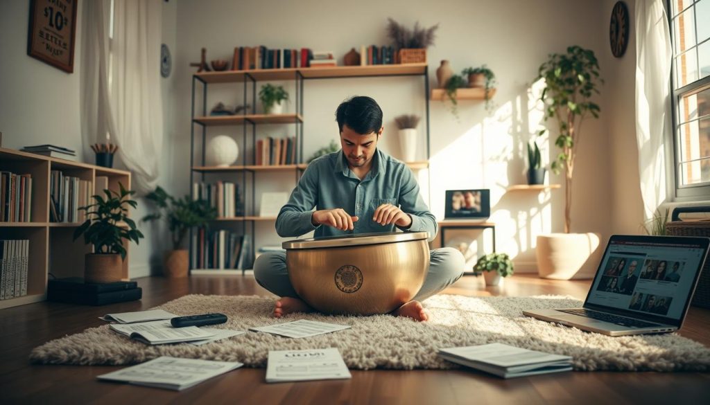 A serene indoor environment filled with soft, natural light illuminating a cozy learning space. In the foreground, a skilled musician is seated cross-legged on a plush rug, playing a beautifully crafted handpan. They are dressed in casual, comfortable clothing, deeply focused on their craft. In the middle ground, scattered music sheets and a laptop display YouTube videos, suggesting a blend of guided learning and independent practice. The background features shelves filled with music books and decorative plants, creating a calming atmosphere. The overall mood conveys a sense of dedication, tranquility, and a journey of discovery, as the musician navigates through learning without distractions. Use a soft focus effect to enhance the intimate ambiance.