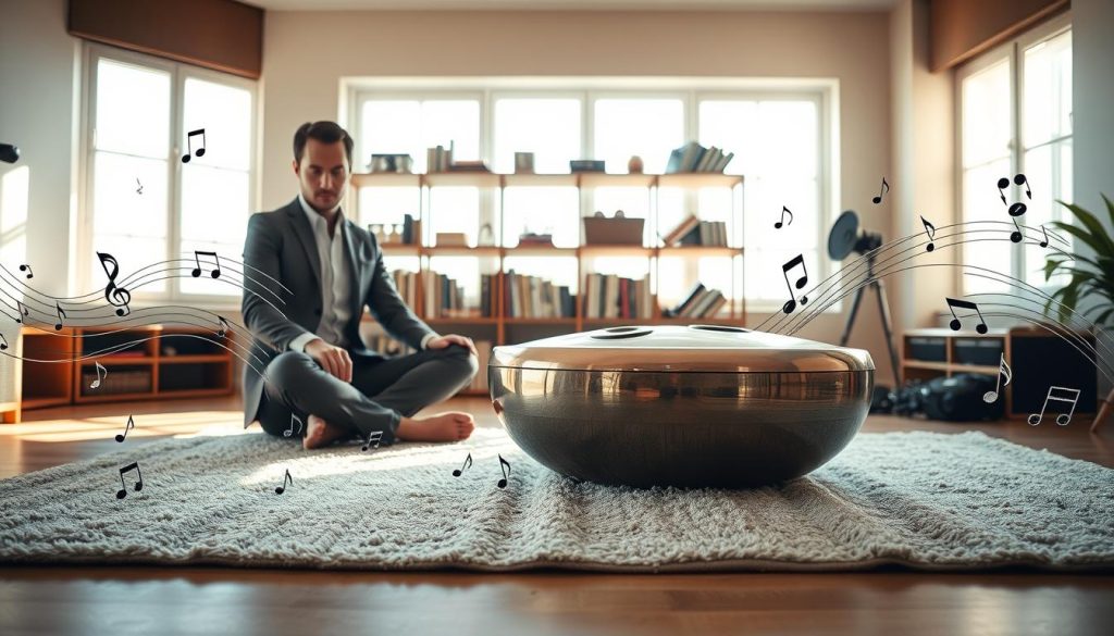 A serene indoor music studio setting featuring a polished handpan resting on a soft, textured rug. Surrounding the handpan are illustrative notes and scales, represented as delicate, flowing lines that emanate from the instrument, symbolizing sound and rhythm. In the foreground, a musician, dressed in smart casual attire, is sitting cross-legged, deeply focused, with one hand gliding over the instrument. In the middle, shelves filled with musical books and tools accentuate the learning atmosphere. The background has warm, natural light streaming through a large window, casting soft shadows and creating an inviting mood. The overall ambiance should inspire creativity and progression in learning music techniques. A serene indoor music studio setting featuring a polished handpan resting on a soft, textured rug. Surrounding the handpan are illustrative notes and scales, represented as delicate, flowing lines that emanate from the instrument, symbolizing sound and rhythm. In the foreground, a musician, dressed in smart casual attire, is sitting cross-legged, deeply focused, with one hand gliding over the instrument. In the middle, shelves filled with musical books and tools accentuate the learning atmosphere. The background has warm, natural light streaming through a large window, casting soft shadows and creating an inviting mood. The overall ambiance should inspire creativity and progression in learning music techniques.