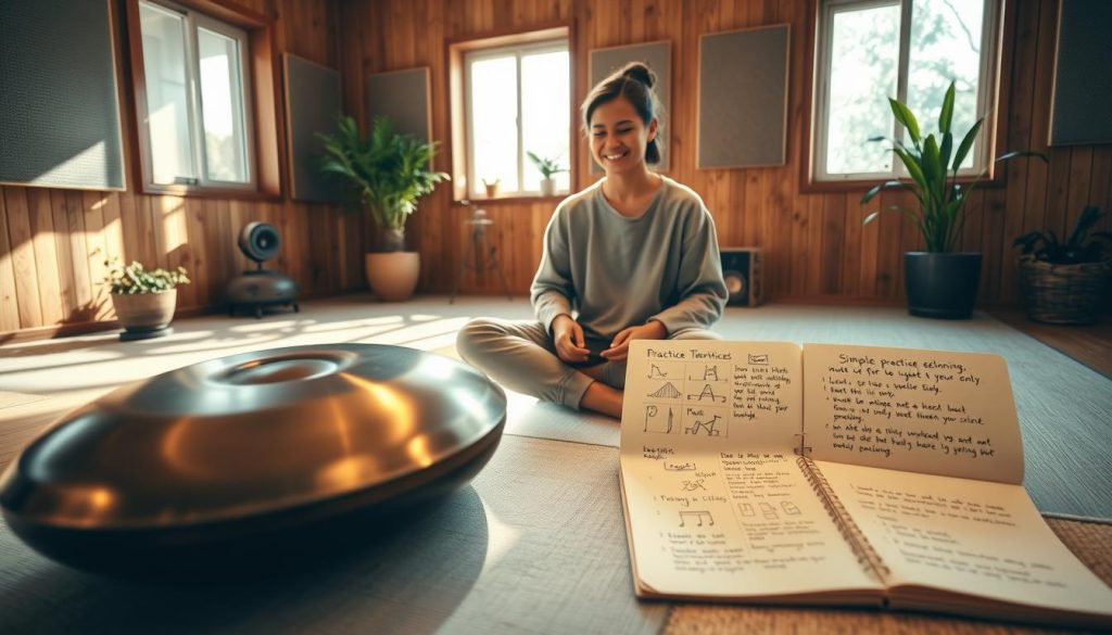 A serene indoor practice space designed for handpan musicians. In the foreground, a polished handpan glistens under soft, natural lighting, resting on a subtle mat. In the middle, a focused beginner musician sits cross-legged on the floor, wearing comfortable, modest clothing, gently tapping the handpan, their expression reflecting concentration and joy. Nearby, a detailed notepad displays simple practice techniques with doodles and motivational phrases. In the background, a warm and inviting room features wooden walls adorned with soundproofing panels, a few plants for a touch of nature, and large windows allowing gentle sunlight to filter in, creating a calming atmosphere. The overall mood is inspiring, emphasizing an approachable and dedicated learning environment. A serene indoor practice space designed for handpan musicians. In the foreground, a polished handpan glistens under soft, natural lighting, resting on a subtle mat. In the middle, a focused beginner musician sits cross-legged on the floor, wearing comfortable, modest clothing, gently tapping the handpan, their expression reflecting concentration and joy. Nearby, a detailed notepad displays simple practice techniques with doodles and motivational phrases. In the background, a warm and inviting room features wooden walls adorned with soundproofing panels, a few plants for a touch of nature, and large windows allowing gentle sunlight to filter in, creating a calming atmosphere. The overall mood is inspiring, emphasizing an approachable and dedicated learning environment.