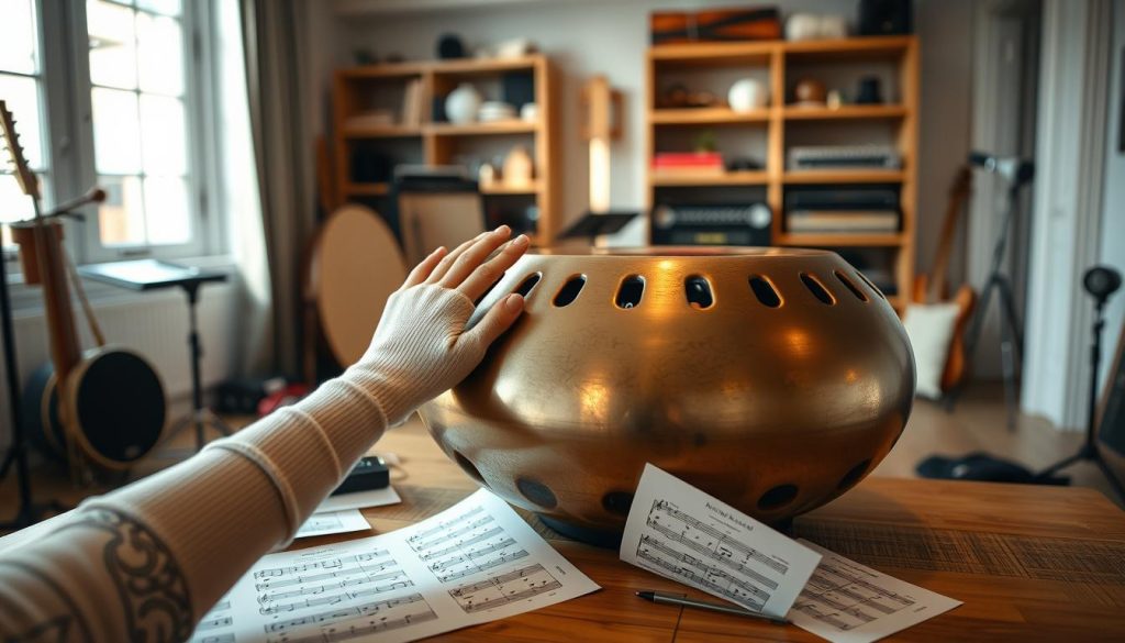 A serene indoor setting showcasing a beautifully crafted handpan with nine notes, positioned prominently on a wooden surface. In the foreground, a pair of hands, one gloved in a delicate fingerless glove, gently striking the handpan's notes, illustrating the concept of exercises for both the right and left hand. Around the handpan, sheet music with elegantly written music notes is scattered, symbolizing exercise ideas. Soft, natural lighting streams in from a nearby window, casting a warm glow on the instruments. The background features a softly blurred music studio, with shelves of musical instruments and soundproofing elements, creating an inspiring atmosphere that invites creativity and practice. The overall mood is calm and encouraging, perfect for musical exploration. A serene indoor setting showcasing a beautifully crafted handpan with nine notes, positioned prominently on a wooden surface. In the foreground, a pair of hands, one gloved in a delicate fingerless glove, gently striking the handpan's notes, illustrating the concept of exercises for both the right and left hand. Around the handpan, sheet music with elegantly written music notes is scattered, symbolizing exercise ideas. Soft, natural lighting streams in from a nearby window, casting a warm glow on the instruments. The background features a softly blurred music studio, with shelves of musical instruments and soundproofing elements, creating an inspiring atmosphere that invites creativity and practice. The overall mood is calm and encouraging, perfect for musical exploration.