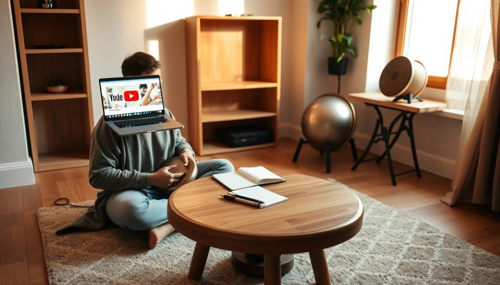 A serene indoor setting, showcasing a cozy practice space designed for learning the handpan. In the foreground, a person dressed in comfortable attire sits cross-legged on a soft rug, intently focused on a handpan. They are using a laptop with YouTube open, displaying a video tutorial, illuminating their face with a soft glow. In the middle, a round wooden table holds a notebook and a pen, symbolizing practice and progress. The background features warm, diffused lighting from a nearby window, casting gentle shadows and highlighting the wooden accents of the room. A few handpan instruments are neatly arranged on the shelves, reinforcing the passion for music. The overall atmosphere conveys tranquility and the joy of learning, making the viewer feel inspired to embark on their own 20-minute practice routine.