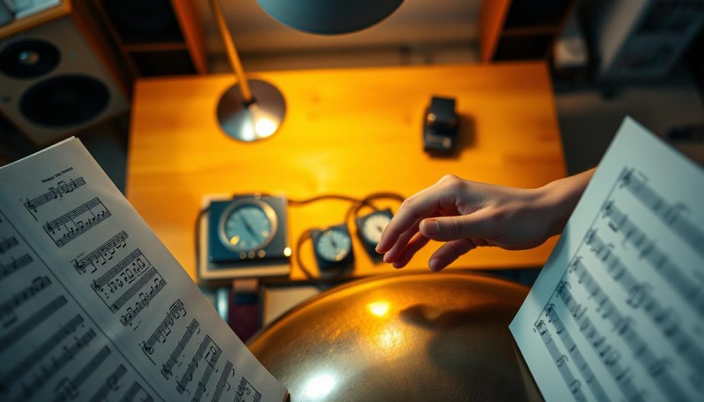 A serene music practice space featuring a pair of hands skillfully playing a handpan, displaying fingers elegantly striking the surface in rhythm. The hands are in close focus, showcasing movement and expression, with a sheet music partition partially visible in the foreground, displaying rhythmic notes and tempo markings. In the middle ground, a softly illuminated wooden table holds various instruments and metronomes, emphasizing the methodical approach to daily practice. The background features warm, ambient lighting that enhances the intimate feel of this music-learning environment, conveying a sense of tranquility and focus. The overall atmosphere should inspire creativity and concentration, suitable for a musician's workspace. The image composition should capture a dynamic moment, taken from a slight overhead angle for depth. A serene music practice space featuring a pair of hands skillfully playing a handpan, displaying fingers elegantly striking the surface in rhythm. The hands are in close focus, showcasing movement and expression, with a sheet music partition partially visible in the foreground, displaying rhythmic notes and tempo markings. In the middle ground, a softly illuminated wooden table holds various instruments and metronomes, emphasizing the methodical approach to daily practice. The background features warm, ambient lighting that enhances the intimate feel of this music-learning environment, conveying a sense of tranquility and focus. The overall atmosphere should inspire creativity and concentration, suitable for a musician's workspace. The image composition should capture a dynamic moment, taken from a slight overhead angle for depth.