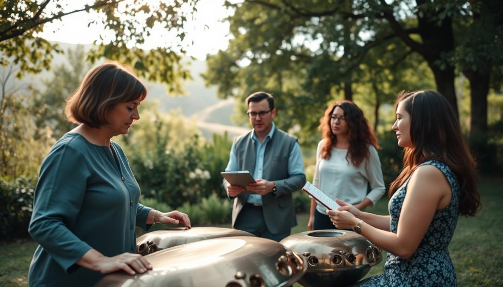 A serene outdoor setting showcasing a small group of diverse individuals in professional casual attire, engaged in learning the handpan. In the foreground, a middle-aged woman plays a handpan, demonstrating techniques, while beside her, a focused young man takes notes on a clipboard. In the middle ground, a teacher gestures enthusiastically, explaining the rhythms with a passion. Lush greenery and soft sunlight filter through the trees overhead, creating a warm, inviting atmosphere. In the background, gentle hills fade into a soft focus, enhancing the sense of tranquility and focused attention on the learning process. Utilize soft, natural lighting and a slightly elevated angle to capture the essence of growth and connection in this musical exploration. A serene outdoor setting showcasing a small group of diverse individuals in professional casual attire, engaged in learning the handpan. In the foreground, a middle-aged woman plays a handpan, demonstrating techniques, while beside her, a focused young man takes notes on a clipboard. In the middle ground, a teacher gestures enthusiastically, explaining the rhythms with a passion. Lush greenery and soft sunlight filter through the trees overhead, creating a warm, inviting atmosphere. In the background, gentle hills fade into a soft focus, enhancing the sense of tranquility and focused attention on the learning process. Utilize soft, natural lighting and a slightly elevated angle to capture the essence of growth and connection in this musical exploration.