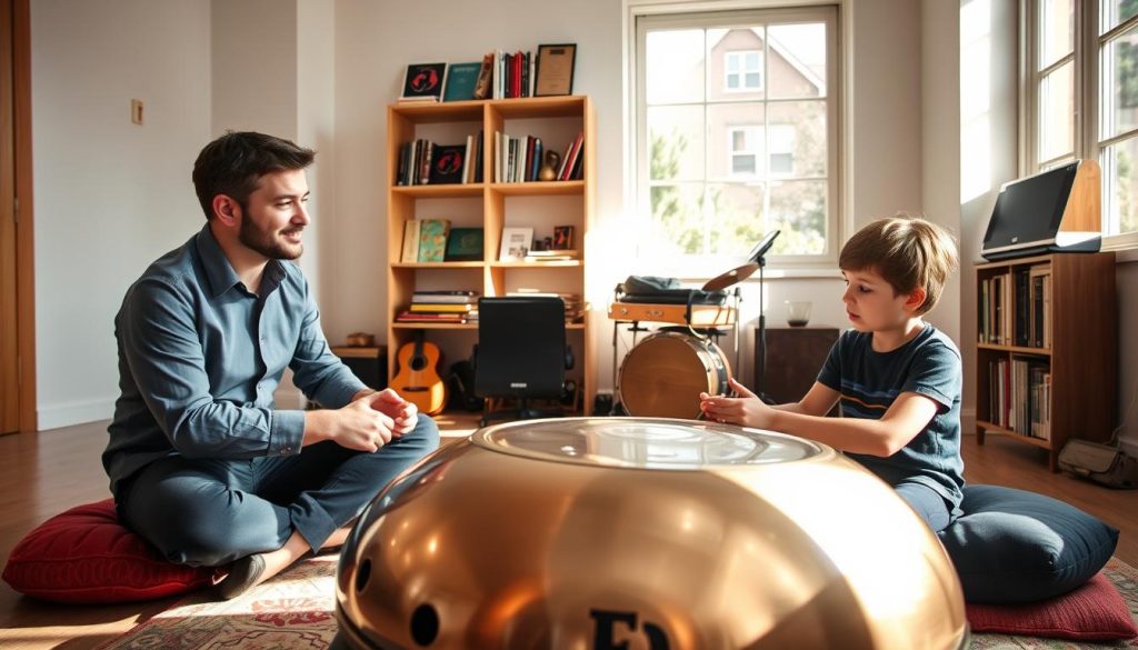 A serene, well-lit room showcasing a professional handpan instructor seated beside a beautiful handpan instrument, creating a calm and inviting atmosphere. The instructor, dressed in smart casual attire, attentively engages with a young student who is eager to learn, both looking focused and enthusiastic. In the foreground, a handpan gleams under soft, diffused lighting, surrounded by a few colorful cushions on the floor. In the middle background, shelves lined with music books and instruments hint at a lively music space. Gentle sunlight filters through a large window, casting warm shadows and enhancing the cozy, welcoming vibe. The image captures the essence of booking a lesson, suggesting connection and growth in musical learning. A serene, well-lit room showcasing a professional handpan instructor seated beside a beautiful handpan instrument, creating a calm and inviting atmosphere. The instructor, dressed in smart casual attire, attentively engages with a young student who is eager to learn, both looking focused and enthusiastic. In the foreground, a handpan gleams under soft, diffused lighting, surrounded by a few colorful cushions on the floor. In the middle background, shelves lined with music books and instruments hint at a lively music space. Gentle sunlight filters through a large window, casting warm shadows and enhancing the cozy, welcoming vibe. The image captures the essence of booking a lesson, suggesting connection and growth in musical learning.