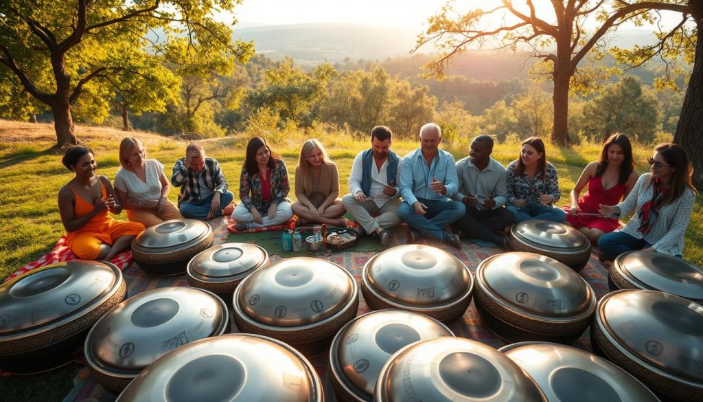 Aerial view of a vibrant handpan community gathering in a lush outdoor setting, featuring intimate groups of diverse individuals playing handpans, surrounded by nature. In the foreground, several handpans with intricate designs are arranged on colorful picnic blankets. In the middle, people of various ethnicities, dressed in casual yet professional attire, immerse themselves in music, smiling and engaging with each other. The background showcases a serene landscape with trees, gentle sunlight filtering through the leaves, creating a warm, inviting atmosphere. Utilize a soft focus lens to highlight the details of the handpans while capturing the joyful expressions of the musicians. The overall mood is uplifting and harmonious, emphasizing community, progress, and the joy of music.