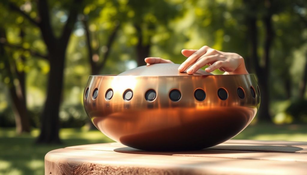 A beautifully crafted 10-note handpan, showcasing its unique curvature and vibrant colors under soft, warm lighting. The foreground features the handpan resting on a natural wooden surface, highlighting its polished finish and intricate details. In the middle ground, include a pair of hands gently playing the instrument, fingers gliding gracefully over the notes, conveying harmony and creativity. The background should be filled with a serene outdoor setting, perhaps a lush, green park with dappled sunlight filtering through the trees, creating a tranquil atmosphere. Utilize a shallow depth of field to focus on the handpan and the hands, while softly blurring the background. The mood should be uplifting and inspiring, inviting viewers to explore the world of music composition with this versatile instrument. A beautifully crafted 10-note handpan, showcasing its unique curvature and vibrant colors under soft, warm lighting. The foreground features the handpan resting on a natural wooden surface, highlighting its polished finish and intricate details. In the middle ground, include a pair of hands gently playing the instrument, fingers gliding gracefully over the notes, conveying harmony and creativity. The background should be filled with a serene outdoor setting, perhaps a lush, green park with dappled sunlight filtering through the trees, creating a tranquil atmosphere. Utilize a shallow depth of field to focus on the handpan and the hands, while softly blurring the background. The mood should be uplifting and inspiring, inviting viewers to explore the world of music composition with this versatile instrument.