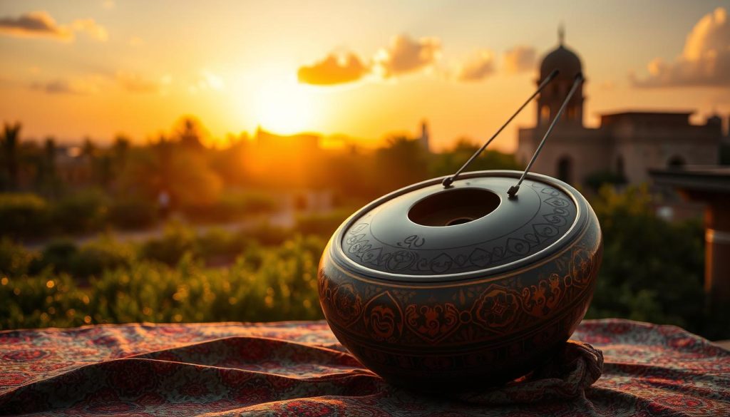 A beautifully crafted handpan in the Hijaz scale sits prominently in the foreground, showcasing intricate motifs inspired by Middle Eastern art, featuring patterns in deep blues, rich golds, and vibrant reds. The handpan is positioned on a colorful patterned cloth that reflects traditional Eastern textiles. In the middle ground, lush greenery and hints of ancient architecture emerge softly, creating a blend of nature and culture. The background reveals a golden sunset sky with soft clouds that evoke a warm, inviting atmosphere. The lighting is warm and diffused, focusing on the handpan, casting gentle shadows that enhance its curves. The overall mood is serene and harmonious, inviting viewers to immerse themselves in the beauty and musicality of the moment. A beautifully crafted handpan in the Hijaz scale sits prominently in the foreground, showcasing intricate motifs inspired by Middle Eastern art, featuring patterns in deep blues, rich golds, and vibrant reds. The handpan is positioned on a colorful patterned cloth that reflects traditional Eastern textiles. In the middle ground, lush greenery and hints of ancient architecture emerge softly, creating a blend of nature and culture. The background reveals a golden sunset sky with soft clouds that evoke a warm, inviting atmosphere. The lighting is warm and diffused, focusing on the handpan, casting gentle shadows that enhance its curves. The overall mood is serene and harmonious, inviting viewers to immerse themselves in the beauty and musicality of the moment.