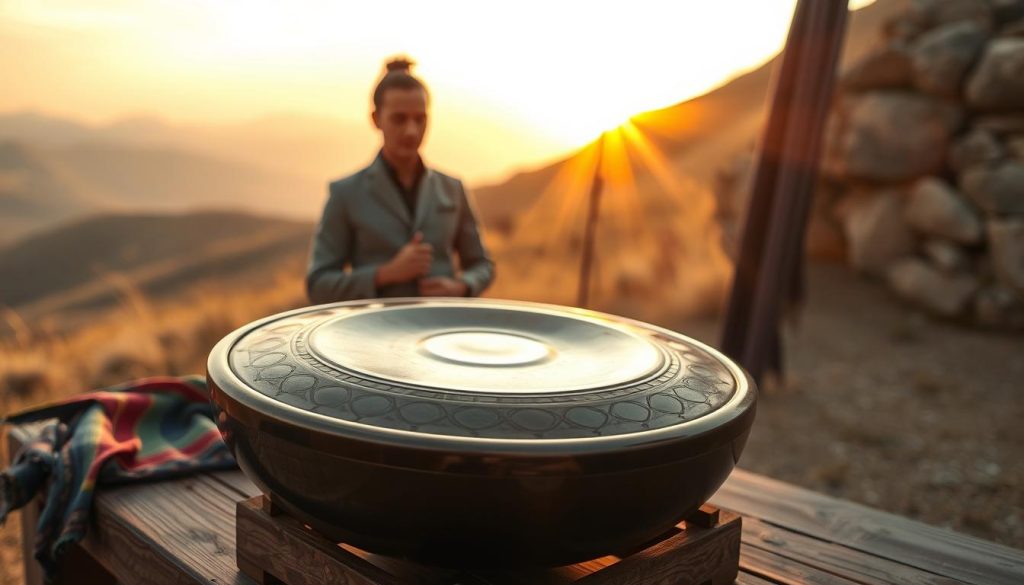 A beautifully crafted handpan instrument, prominently displayed in the foreground, showcasing its intricate design and various tonal notes. The handpan is situated on a rustic wooden table, with some colorful scarves draped around it, reflecting the vibrant Kurdish culture. In the middle ground, a serene musician, dressed in smart casual attire, gently plays the handpan, their expression focused and serene, creating a connection with the instrument's sound. In the background, a soft-focus landscape of rolling hills and fading sunset light enhances the tranquil atmosphere. Use warm, golden lighting to evoke a sense of warmth and harmony, captured from a slightly elevated angle to emphasize the handpan's unique shape and textures. The overall mood is serene and reflective, inviting viewers to explore the emotional connections inspired by music. A beautifully crafted handpan instrument, prominently displayed in the foreground, showcasing its intricate design and various tonal notes. The handpan is situated on a rustic wooden table, with some colorful scarves draped around it, reflecting the vibrant Kurdish culture. In the middle ground, a serene musician, dressed in smart casual attire, gently plays the handpan, their expression focused and serene, creating a connection with the instrument's sound. In the background, a soft-focus landscape of rolling hills and fading sunset light enhances the tranquil atmosphere. Use warm, golden lighting to evoke a sense of warmth and harmony, captured from a slightly elevated angle to emphasize the handpan's unique shape and textures. The overall mood is serene and reflective, inviting viewers to explore the emotional connections inspired by music.