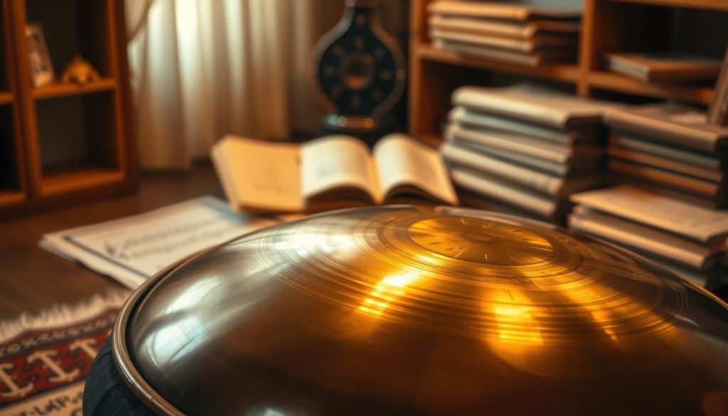 A beautifully crafted handpan, known for its unique hijaz scale, is positioned prominently in the foreground, showcasing its intricate grooves and polished surface reflecting warm golden hues. Soft, ambient lighting illuminates the instrument, creating a serene atmosphere that evokes the essence of Eastern music. In the middle ground, hints of traditional musical notation are subtly blurred, emphasizing the connection between the instrument and its melodic possibilities. The background features a tranquil, softly lit space, reminiscent of a cozy studio filled with warm wooden textures and stacked musical scores. The overall mood is calm and introspective, inviting viewers to explore the rich tonalities and emotional depth of the handpan, encouraging a heartfelt connection to the music it produces.