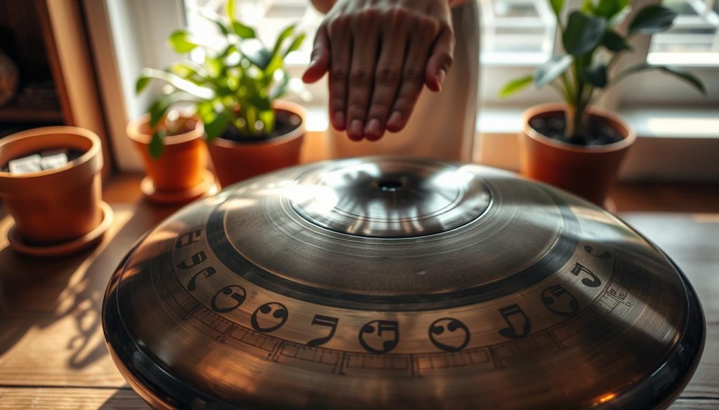 A beautifully crafted handpan resting on a wooden table, featuring the specific notes of the Ré Kurd scale elegantly engraved on its surface. The foreground showcases the handpan in detail, highlighting its circular shape and intricate patterns, with natural light reflecting off its polished surface, creating a warm glow. In the middle ground, a pair of hands gently hovers above the instrument, poised to play, conveying a sense of anticipation and artistic expression. In the background, softly blurred potted plants provide a serene and inviting atmosphere, emphasizing the tranquility often associated with handpan music. The image is captured from a slightly elevated angle to reveal the curvature and design, evoking a peaceful and harmonious mood. A beautifully crafted handpan resting on a wooden table, featuring the specific notes of the Ré Kurd scale elegantly engraved on its surface. The foreground showcases the handpan in detail, highlighting its circular shape and intricate patterns, with natural light reflecting off its polished surface, creating a warm glow. In the middle ground, a pair of hands gently hovers above the instrument, poised to play, conveying a sense of anticipation and artistic expression. In the background, softly blurred potted plants provide a serene and inviting atmosphere, emphasizing the tranquility often associated with handpan music. The image is captured from a slightly elevated angle to reveal the curvature and design, evoking a peaceful and harmonious mood.