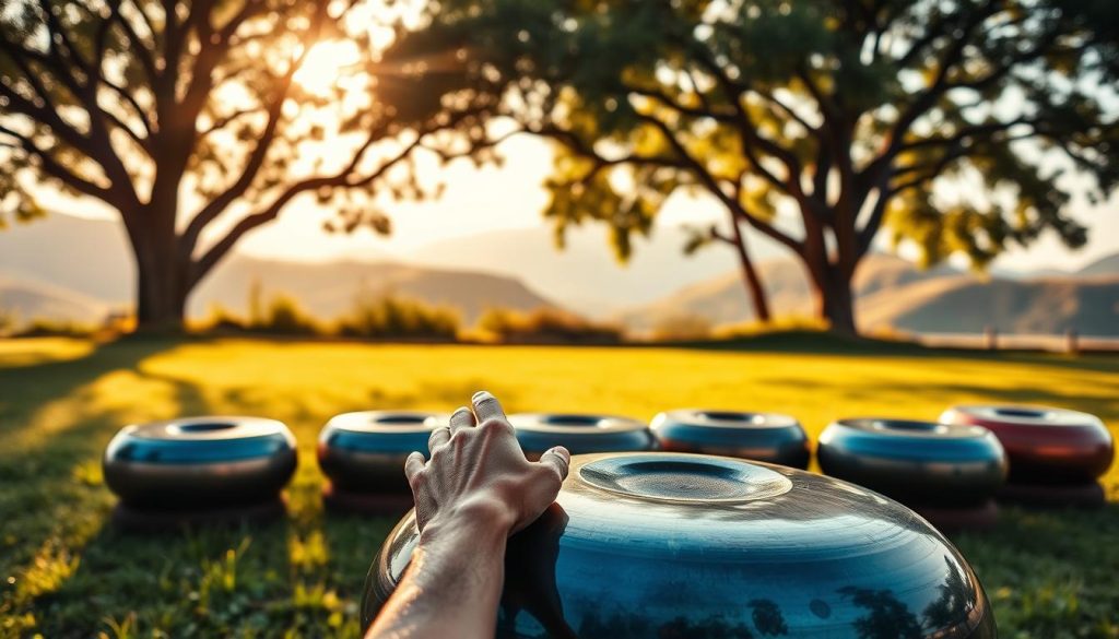 A beginner-friendly handpan set against a serene outdoor backdrop, showcasing various handpans in rich colors reflecting the oriental style, specifically hues of deep blues and golds. In the foreground, a pair of hands gently striking a handpan, demonstrating ease of use, with the player's focus conveying the joy of creating music. The middle ground features a softly lit, grassy area with low, warm sunlight filtering through trees, casting soft shadows to enhance the peaceful atmosphere. In the distance, gentle hills create a sense of depth, while the overall mood captures a harmonious blend of tranquility and inspiration. The image should be vibrant and inviting, perfect for illustrating the concept of handpan music for beginners.