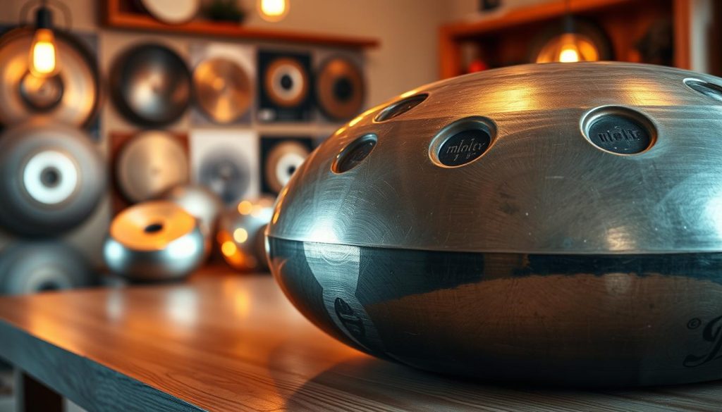 A close-up view of a beautifully crafted handpan made from nitrided steel, showcasing its intricate surface textures and musical notes. The handpan rests on a natural wooden table in a softly lit room, with warm filament bulbs casting a cozy glow. In the background, blurred images of various handpans highlight the contrast between stainless steel and nitrided finishes. The scene captures an inviting atmosphere, emphasizing craftsmanship and musical artistry. Include soft shadows to enhance depth and focus on the gleaming body of the instrument. The overall mood should inspire creativity and reflect the nuances of musical composition styles associated with different materials. A close-up view of a beautifully crafted handpan made from nitrided steel, showcasing its intricate surface textures and musical notes. The handpan rests on a natural wooden table in a softly lit room, with warm filament bulbs casting a cozy glow. In the background, blurred images of various handpans highlight the contrast between stainless steel and nitrided finishes. The scene captures an inviting atmosphere, emphasizing craftsmanship and musical artistry. Include soft shadows to enhance depth and focus on the gleaming body of the instrument. The overall mood should inspire creativity and reflect the nuances of musical composition styles associated with different materials.