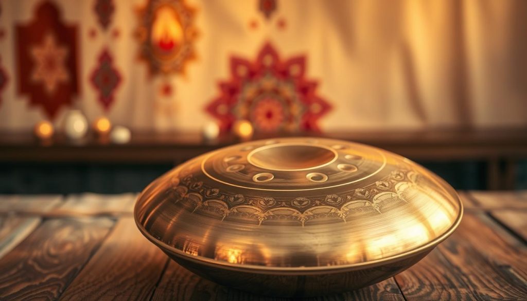 A handpan in the Hijaz scale, beautifully polished and reflecting soft golden hues, placed on a textured wooden surface. The foreground features clear details of the handpan's metallic surface, showcasing its intricate notes arrangement and resonant surface. In the middle ground, hints of decorative, vibrant Eastern motifs subtly enhance the ambiance. The background is softly blurred, creating a warm, inviting atmosphere with gentle lighting that resembles the glow of sunset, suggesting a calm, meditative mood. The composition captures the essence of the handpan's unique musical qualities, emphasizing the richness of sound and cultural heritage associated with the Hijaz scale in D. The overall scene is serene and artistic, inviting viewers to explore the beauty of this instrument.