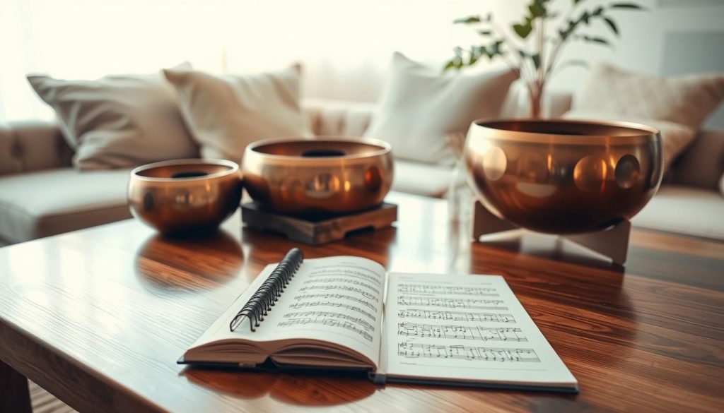 A serene and calming scene featuring a selection of handpan instruments, artistically arranged on a polished wooden table. In the foreground, highlight three beautifully crafted handpans with intricate designs, reflecting the soft glow of warm, ambient lighting. In the middle ground, include sheet music or a notebook with notes and criteria for selecting calming handpan pieces, hinting at a thoughtful process. The background should be a softly lit room with plush cushions and natural elements, like a plant or gentle light filtering through sheer curtains, creating a tranquil atmosphere. The overall mood should evoke relaxation and inspiration, suitable for a peaceful evening of music. A serene and calming scene featuring a selection of handpan instruments, artistically arranged on a polished wooden table. In the foreground, highlight three beautifully crafted handpans with intricate designs, reflecting the soft glow of warm, ambient lighting. In the middle ground, include sheet music or a notebook with notes and criteria for selecting calming handpan pieces, hinting at a thoughtful process. The background should be a softly lit room with plush cushions and natural elements, like a plant or gentle light filtering through sheer curtains, creating a tranquil atmosphere. The overall mood should evoke relaxation and inspiration, suitable for a peaceful evening of music.