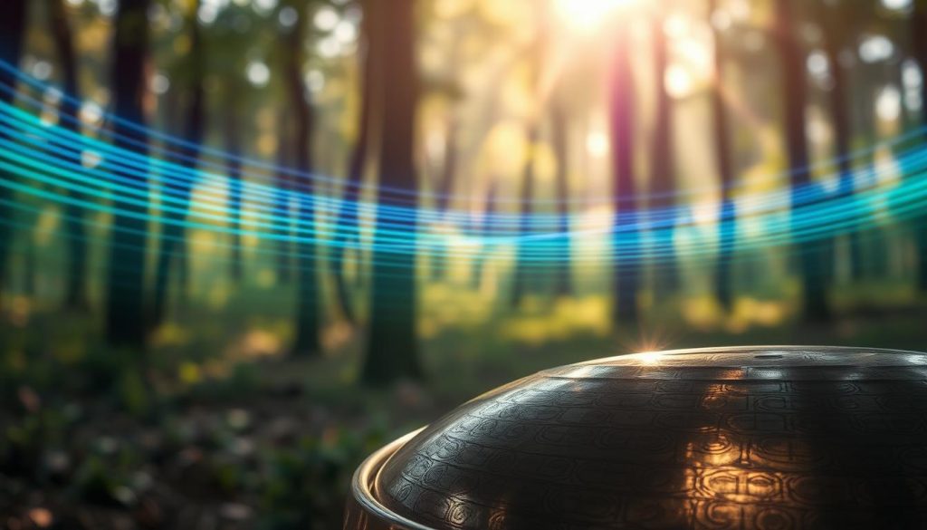 A serene, atmospheric scene capturing the essence of "sonorité" through the reflection of sound waves emanating from a beautifully crafted handpan. In the foreground, the handpan shines with intricate patterns, displaying its metallic sheen under soft, natural lighting. The middle ground features gentle ripples in the air, visual representations of sound waves radiating outwards, subtly blending vibrant colors like soothing blues and greens, suggesting different moods. In the background, a blurred forest setting provides a tranquil ambiance, with soft, dappled sunlight filtering through the trees, enhancing the peaceful, meditative quality of the scene. The overall mood is serene and reflective, immersing the viewer in the influence of sound on atmosphere and emotion.
