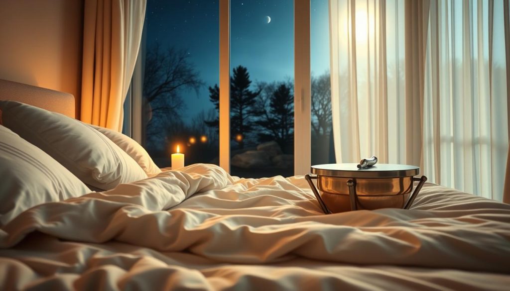 A serene bedroom scene designed to evoke the concept of "sommeil" (sleep). In the foreground, a plush, inviting bed with soft, layered blankets and fluffy pillows in calming pastel colors. The middle ground features a softly flickering candle on a small bedside table, casting warm, ambient light. A handpan, elegantly shaped and glimmering, rests nearby, symbolizing the soothing music used for relaxation. In the background, a large window opens to a tranquil night scene with a starry sky, silhouetted trees, and the gentle glow of moonlight filtering through sheer curtains. The atmosphere is peaceful and harmonious, inviting a sense of calm and restfulness, with soft lighting to enhance the tranquil mood. The perspective is slightly from above, capturing both the bed and the soothing elements, inviting viewers into this serene space. A serene bedroom scene designed to evoke the concept of "sommeil" (sleep). In the foreground, a plush, inviting bed with soft, layered blankets and fluffy pillows in calming pastel colors. The middle ground features a softly flickering candle on a small bedside table, casting warm, ambient light. A handpan, elegantly shaped and glimmering, rests nearby, symbolizing the soothing music used for relaxation. In the background, a large window opens to a tranquil night scene with a starry sky, silhouetted trees, and the gentle glow of moonlight filtering through sheer curtains. The atmosphere is peaceful and harmonious, inviting a sense of calm and restfulness, with soft lighting to enhance the tranquil mood. The perspective is slightly from above, capturing both the bed and the soothing elements, inviting viewers into this serene space.