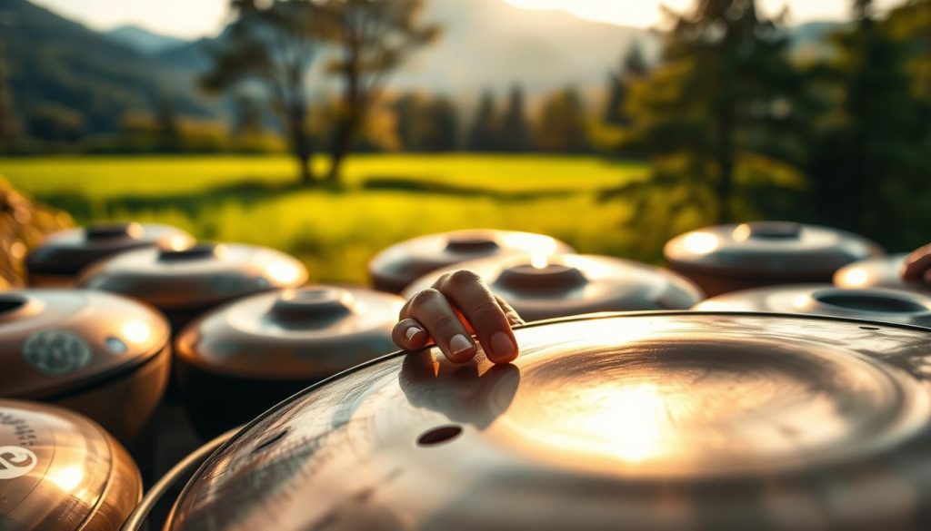 A serene handpan setup in a tranquil outdoor environment, showcasing a variety of handpans in different colors and sizes. In the foreground, a close-up of hands lightly touching the notes of a handpan, with each note clearly visible and shimmering in metallic hues. The middle ground features a beautiful landscape, perhaps a lush green field or forest, softly blurred to keep the focus on the handpan and hands. The background includes trees or mountains, gently illuminated by warm, golden sunlight, casting soft shadows. The mood is peaceful and contemplative, inviting exploration and connection with the instrument. Use soft-focus techniques to enhance the ethereal quality of the scene.