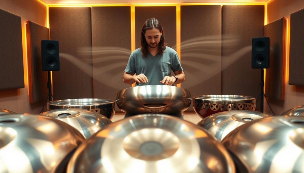 A serene indoor music studio scene featuring a selection of handpans, specifically designed with 10, 12, and 13 notes, displayed prominently in the foreground. The handpans have intricate patterns and rich metallic colors that reflect light. In the middle ground, a musician in modest casual clothing gently plays a handpan, demonstrating the calming sound waves, depicted visually as soft, flowing lines emanating from the instrument. The background showcases soundproofing panels and warm ambient lighting to create a cozy atmosphere. The lens captures a slightly angled view, emphasizing the richness of the handpan’s texture and the musician’s focused expression, evoking a sense of tranquility associated with the 432Hz frequency. A serene indoor music studio scene featuring a selection of handpans, specifically designed with 10, 12, and 13 notes, displayed prominently in the foreground. The handpans have intricate patterns and rich metallic colors that reflect light. In the middle ground, a musician in modest casual clothing gently plays a handpan, demonstrating the calming sound waves, depicted visually as soft, flowing lines emanating from the instrument. The background showcases soundproofing panels and warm ambient lighting to create a cozy atmosphere. The lens captures a slightly angled view, emphasizing the richness of the handpan’s texture and the musician’s focused expression, evoking a sense of tranquility associated with the 432Hz frequency.