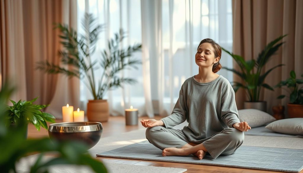 A serene indoor setting designed for relaxation, showcasing a peaceful individual practicing "respiration consciente." In the foreground, a person in modest, comfortable clothing sits cross-legged on a soft mat, eyes closed, with a gentle smile, embodying tranquility. The middle ground features calming elements: a softly glowing handpan, candles flickering with warm light, and lush green plants that add a touch of nature. The background is softly blurred, with muted colors and ambient lighting creating a cozy atmosphere. Sunlight filters through sheer curtains, casting gentle rays, enhancing the serene mood. The image captures the essence of pre-sleep relaxation, inviting viewers into a mindful moment of calm and introspection. A serene indoor setting designed for relaxation, showcasing a peaceful individual practicing "respiration consciente." In the foreground, a person in modest, comfortable clothing sits cross-legged on a soft mat, eyes closed, with a gentle smile, embodying tranquility. The middle ground features calming elements: a softly glowing handpan, candles flickering with warm light, and lush green plants that add a touch of nature. The background is softly blurred, with muted colors and ambient lighting creating a cozy atmosphere. Sunlight filters through sheer curtains, casting gentle rays, enhancing the serene mood. The image captures the essence of pre-sleep relaxation, inviting viewers into a mindful moment of calm and introspection.