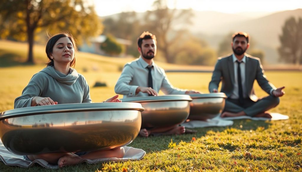 A serene outdoor scene depicting musicians engaged in meditation while playing handpans. In the foreground, a diverse group of three musicians—one woman in modest casual attire and two men in professional business attire—sit cross-legged on a soft grassy area, their eyes closed and expressions peaceful as they connect with the music. In the middle ground, the elegant handpans shine under the warm sunlight, glinting with reflections that suggest their unique tonal qualities. The background features soft-focus trees and gentle hills, creating a tranquil atmosphere. The setting is bathed in golden hour light, casting warm hues over the scene. The angle captures both the musicians' concentration and the harmonious ambiance of their surroundings, evoking a sense of calm and connection to the music. A serene outdoor scene depicting musicians engaged in meditation while playing handpans. In the foreground, a diverse group of three musicians—one woman in modest casual attire and two men in professional business attire—sit cross-legged on a soft grassy area, their eyes closed and expressions peaceful as they connect with the music. In the middle ground, the elegant handpans shine under the warm sunlight, glinting with reflections that suggest their unique tonal qualities. The background features soft-focus trees and gentle hills, creating a tranquil atmosphere. The setting is bathed in golden hour light, casting warm hues over the scene. The angle captures both the musicians' concentration and the harmonious ambiance of their surroundings, evoking a sense of calm and connection to the music.