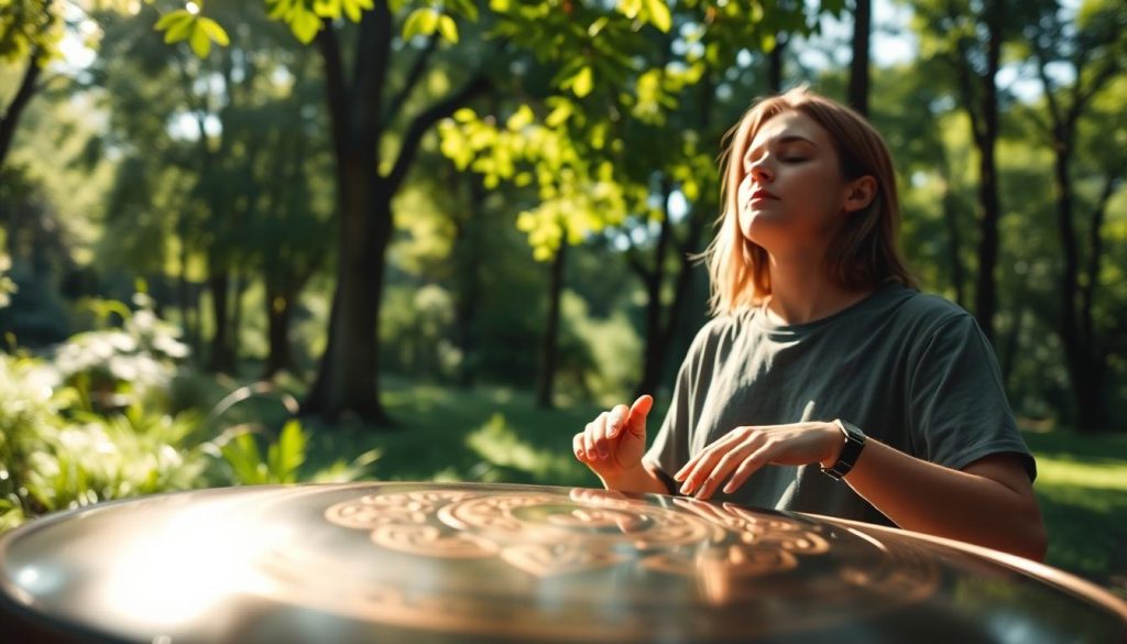 A serene outdoor setting featuring a handpan musician playing in a lush green forest clearing. In the foreground, the handpan, elegantly designed with intricate Celtic patterns, reflects soft sunlight. The musician, dressed in modest casual clothing, closes their eyes, fully immersed in the music, creating a peaceful atmosphere. The middle ground showcases a gentle breeze rustling through the leaves, while soft sunlight filters through the canopy, casting dappled shadows on the ground. In the background, blurred silhouettes of trees create depth and enhance the tranquility of the scene. The overall mood is calm and inspirational, evoking a sense of connection with nature and music. Utilize natural lighting for a warm ambiance, capturing a close-up angle that focuses on the musician and handpan.