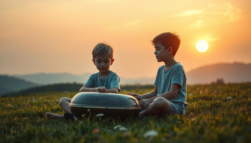 A serene scene depicting two young sons sitting in a calm, natural setting under a softly lit twilight sky. In the foreground, one son is gently playing a handpan, its polished surface reflecting the warm hues of the sunset. The other son is seated cross-legged nearby, absorbed in the tranquil sounds, with a look of peace on his face. In the middle ground, the soft contours of a lush green meadow stretch out, dotted with wildflowers, where faint visuals of flowing water and leaves rustling in a gentle breeze can be seen. The background features a serene landscape of distant hills under a softly glowing sky, evoking a soothing atmosphere perfect for relaxation and sleep. The lighting is warm and inviting, creating a dreamlike mood that enhances the natural beauty of the moment, shot from a slightly elevated angle to capture the essence of harmony and tranquility. A serene scene depicting two young sons sitting in a calm, natural setting under a softly lit twilight sky. In the foreground, one son is gently playing a handpan, its polished surface reflecting the warm hues of the sunset. The other son is seated cross-legged nearby, absorbed in the tranquil sounds, with a look of peace on his face. In the middle ground, the soft contours of a lush green meadow stretch out, dotted with wildflowers, where faint visuals of flowing water and leaves rustling in a gentle breeze can be seen. The background features a serene landscape of distant hills under a softly glowing sky, evoking a soothing atmosphere perfect for relaxation and sleep. The lighting is warm and inviting, creating a dreamlike mood that enhances the natural beauty of the moment, shot from a slightly elevated angle to capture the essence of harmony and tranquility.