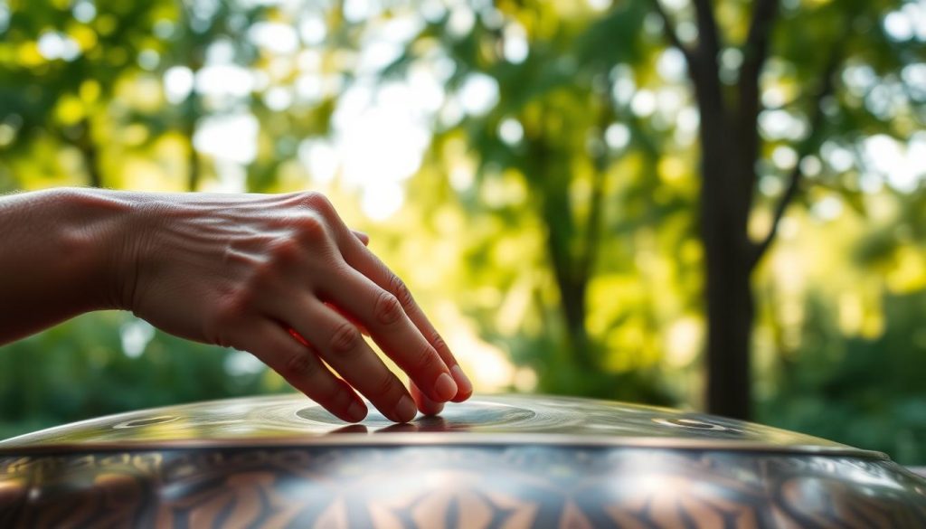 A serene setting featuring a close-up view of a Celtic handpan, with intricate designs and rich metallic hues reflecting soft, natural light. In the foreground, a pair of hands gently strikes the handpan, creating a harmonious blend of notes. The middle ground showcases a softly blurred nature backdrop of lush green foliage and gentle sunlight filtering through the trees, evoking tranquility. The overall atmosphere is calm and inviting, perfect for presenting the idea of layering notes that resonate beautifully. Use a shallow depth of field to emphasize the handpan and hands, with an ethereal, dreamlike quality to the lighting, enhancing the sensation of peaceful melodies.