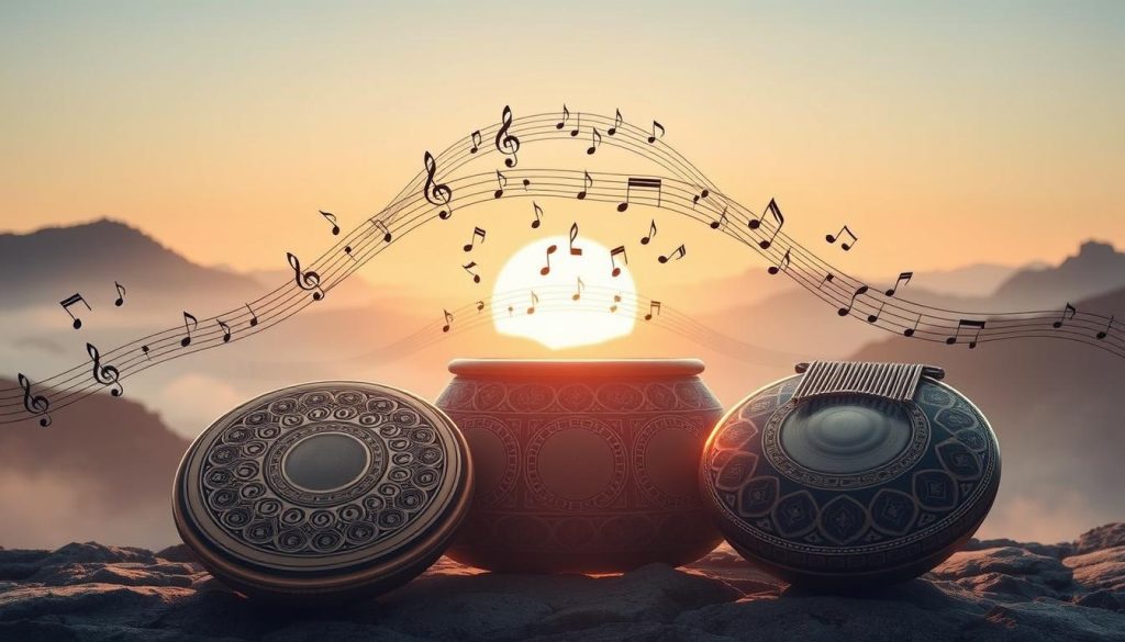 A visually striking illustration showcasing the distinctive notes of the Celtic Minor scale compared to the Kurdish scale. In the foreground, intricate handpan instruments are beautifully arranged, highlighting their unique shapes and vibrant colors. In the middle ground, musical notes flow elegantly around the handpans, visually representing the contrasting soundscapes of the Celtic Minor and Kurdish scales. The background features a serene, ambient landscape, perhaps a misty mountain range at dawn, evoking a peaceful and contemplative mood. Soft, diffused lighting creates gentle highlights on the instruments, enhancing their textures. The overall atmosphere should be one of harmony and exploration, inviting viewers to delve into the nuances of these musical scales. A visually striking illustration showcasing the distinctive notes of the Celtic Minor scale compared to the Kurdish scale. In the foreground, intricate handpan instruments are beautifully arranged, highlighting their unique shapes and vibrant colors. In the middle ground, musical notes flow elegantly around the handpans, visually representing the contrasting soundscapes of the Celtic Minor and Kurdish scales. The background features a serene, ambient landscape, perhaps a misty mountain range at dawn, evoking a peaceful and contemplative mood. Soft, diffused lighting creates gentle highlights on the instruments, enhancing their textures. The overall atmosphere should be one of harmony and exploration, inviting viewers to delve into the nuances of these musical scales.
