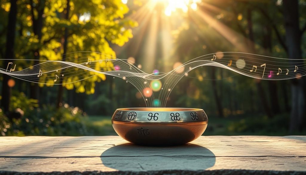 A serene, ethereal landscape representing "frequencies," featuring gentle waves of energy flowing through the air. In the foreground, a handpan rests on a smooth stone altar, the metallic surface reflecting soft sunlight, with intricate symbols etched into it. The middle ground showcases delicate sound waves visually emanating from the handpan, intertwined with colorful light orbs that signify different energies. In the background, a tranquil forest glade bathed in golden hour light creates a calming atmosphere, with soft beams filtering through lush green leaves. The image conveys a sense of harmony, introspection, and connection with the universe, inviting viewers into a meditative state. The composition should be captured at a slight upward angle to emphasize the light and energy emanating from the handpan, evoking a peaceful and contemplative mood. A serene, ethereal landscape representing "frequencies," featuring gentle waves of energy flowing through the air. In the foreground, a handpan rests on a smooth stone altar, the metallic surface reflecting soft sunlight, with intricate symbols etched into it. The middle ground showcases delicate sound waves visually emanating from the handpan, intertwined with colorful light orbs that signify different energies. In the background, a tranquil forest glade bathed in golden hour light creates a calming atmosphere, with soft beams filtering through lush green leaves. The image conveys a sense of harmony, introspection, and connection with the universe, inviting viewers into a meditative state. The composition should be captured at a slight upward angle to emphasize the light and energy emanating from the handpan, evoking a peaceful and contemplative mood.