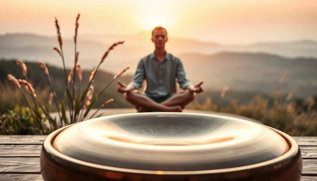 A serene handpan meditation scene, featuring a beautifully crafted handpan in the foreground, glistening in warm, soft lighting. The handpan is resting on a natural wooden surface, with delicate shadows reflecting its curves. In the middle ground, a calm individual in modest casual clothing is seated cross-legged, eyes closed, surrounded by gently swaying plants that offer a touch of nature. The background features a softly blurred, tranquil landscape with a sunset sky, enhancing the atmosphere of peace and reflection. The overall mood is gentle and meditative, inviting a sense of calm and harmony with the environment. The focus is on the handpan and its resonant sound, evoking a profound connection to sound and meditation. A serene handpan meditation scene, featuring a beautifully crafted handpan in the foreground, glistening in warm, soft lighting. The handpan is resting on a natural wooden surface, with delicate shadows reflecting its curves. In the middle ground, a calm individual in modest casual clothing is seated cross-legged, eyes closed, surrounded by gently swaying plants that offer a touch of nature. The background features a softly blurred, tranquil landscape with a sunset sky, enhancing the atmosphere of peace and reflection. The overall mood is gentle and meditative, inviting a sense of calm and harmony with the environment. The focus is on the handpan and its resonant sound, evoking a profound connection to sound and meditation.