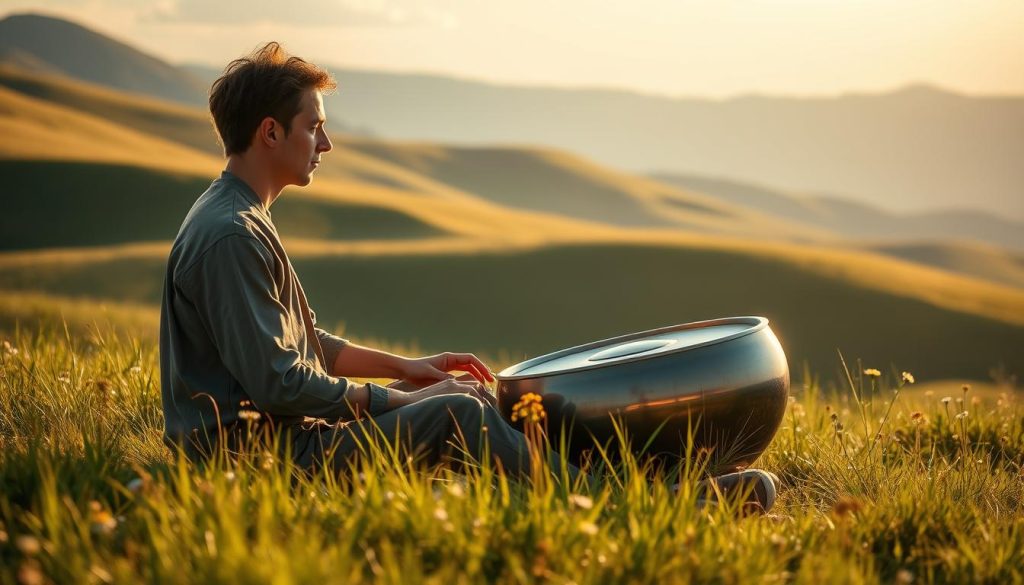 A serene handpan musician seated on a lush green hillside, surrounded by gentle rolling hills bathed in warm, golden sunlight. In the foreground, the musician, dressed in comfortable yet modest clothing, plays a handpan with focused concentration, creating soothing melodies. The middle ground features soft grass and scattered wildflowers, emphasizing tranquility, while the background reveals a calm sky with a few wispy clouds. The lighting is soft and diffused, creating a peaceful atmosphere, with a slight bokeh effect on the distant landscape. The angle captures both the musician’s intent expression and the handpan, conveying a sense of relaxation and mindfulness. The image evokes a feeling of calm and connection to nature, perfect for illustrating techniques of playing and listening for mental relaxation. A serene handpan musician seated on a lush green hillside, surrounded by gentle rolling hills bathed in warm, golden sunlight. In the foreground, the musician, dressed in comfortable yet modest clothing, plays a handpan with focused concentration, creating soothing melodies. The middle ground features soft grass and scattered wildflowers, emphasizing tranquility, while the background reveals a calm sky with a few wispy clouds. The lighting is soft and diffused, creating a peaceful atmosphere, with a slight bokeh effect on the distant landscape. The angle captures both the musician’s intent expression and the handpan, conveying a sense of relaxation and mindfulness. The image evokes a feeling of calm and connection to nature, perfect for illustrating techniques of playing and listening for mental relaxation.