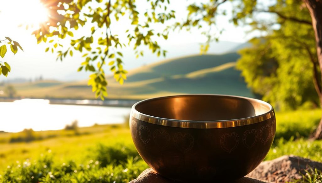 A serene handpan set in a tranquil outdoor setting, with lush greenery and soft sunlight filtering through the leaves. The foreground features the handpan, beautifully crafted with unique patterns, tuned to 432 Hz. The middle ground includes gentle rolling hills and a calm water body reflecting the sky. In the background, a soft, blurred outline of distant mountains enhances the peaceful vibe. The scene is bathed in warm, golden light, creating a mood of relaxation and harmony. The angle captures the instrument at eye level, emphasizing its inviting appearance while maintaining a natural ambiance. The atmosphere evokes a sense of calm, perfect for meditation and deep relaxation. A serene handpan set in a tranquil outdoor setting, with lush greenery and soft sunlight filtering through the leaves. The foreground features the handpan, beautifully crafted with unique patterns, tuned to 432 Hz. The middle ground includes gentle rolling hills and a calm water body reflecting the sky. In the background, a soft, blurred outline of distant mountains enhances the peaceful vibe. The scene is bathed in warm, golden light, creating a mood of relaxation and harmony. The angle captures the instrument at eye level, emphasizing its inviting appearance while maintaining a natural ambiance. The atmosphere evokes a sense of calm, perfect for meditation and deep relaxation.