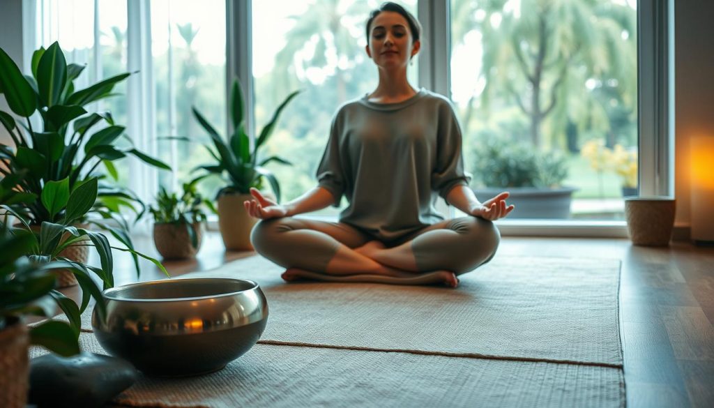 A serene indoor setting depicting a person in a meditative pose, sitting cross-legged on a soft, textured mat. The individual is dressed in modest casual clothing, exuding an atmosphere of calm and tranquility. In the foreground, a handpan rests gently beside them, its metallic surface reflecting the warm, soft glow of ambient lighting. The middle section features lush houseplants and smooth stones, enhancing the relaxation theme. In the background, large windows allow natural light to pour in, showcasing a peaceful garden view with gentle swaying trees. The overall mood is serene and inviting, conducive to deep relaxation and mindfulness, with a color palette of soft greens, earth tones, and warm golden hues. Capture this calm and centering essence through a soft-focus lens, with a warm lighting effect that enhances the tranquility of the scene. A serene indoor setting depicting a person in a meditative pose, sitting cross-legged on a soft, textured mat. The individual is dressed in modest casual clothing, exuding an atmosphere of calm and tranquility. In the foreground, a handpan rests gently beside them, its metallic surface reflecting the warm, soft glow of ambient lighting. The middle section features lush houseplants and smooth stones, enhancing the relaxation theme. In the background, large windows allow natural light to pour in, showcasing a peaceful garden view with gentle swaying trees. The overall mood is serene and inviting, conducive to deep relaxation and mindfulness, with a color palette of soft greens, earth tones, and warm golden hues. Capture this calm and centering essence through a soft-focus lens, with a warm lighting effect that enhances the tranquility of the scene.