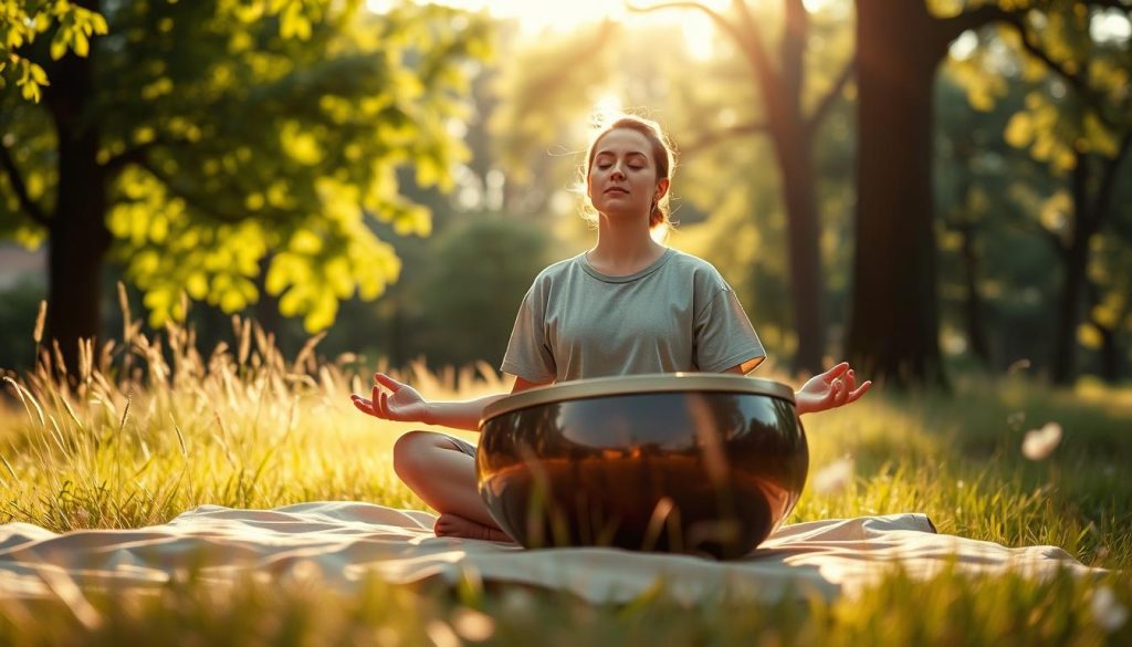 A serene meditation scene featuring a person seated cross-legged on a soft, natural surface, embodying peacefulness and calm breathing rhythms. The individual is dressed in modest, casual clothing, with a gentle expression, eyes closed, and surrounded by a soft halo of warm sunlight filtering through lush greenery. In the foreground, a beautifully crafted handpan rests beside them, glistening subtly in the light. The middle ground reveals inviting, soft earth tones of the landscape, with gentle, swaying grasses and delicate flowers. In the background, tall trees create a tranquil canopy, with dappled light creating a calm atmosphere. Overall, the image exudes a sense of tranquility and mindfulness, perfect for invoking the essence of slow rhythms and focused breathing in meditation. A serene meditation scene featuring a person seated cross-legged on a soft, natural surface, embodying peacefulness and calm breathing rhythms. The individual is dressed in modest, casual clothing, with a gentle expression, eyes closed, and surrounded by a soft halo of warm sunlight filtering through lush greenery. In the foreground, a beautifully crafted handpan rests beside them, glistening subtly in the light. The middle ground reveals inviting, soft earth tones of the landscape, with gentle, swaying grasses and delicate flowers. In the background, tall trees create a tranquil canopy, with dappled light creating a calm atmosphere. Overall, the image exudes a sense of tranquility and mindfulness, perfect for invoking the essence of slow rhythms and focused breathing in meditation.