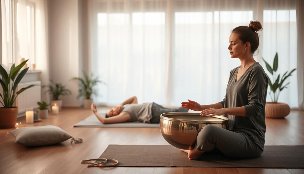 A serene therapy session featuring a tranquil room with soft, diffused natural light filtering through large windows. In the foreground, a therapist sits cross-legged on a comfortable yoga mat, wearing casual yet professional attire, gently playing a handpan. The instrument has a polished metallic surface, reflecting light with warm tones. In the middle, a client, also in modest clothing, lies comfortably on a mat, eyes closed, embodying relaxation and peace. Surrounding them are calming elements like potted plants, candles, and cushions, enhancing the therapeutic atmosphere. In the background, soft pastel colors create a sense of harmony and tranquility. The overall mood is calming and introspective, perfect for illustrating the effects of music therapy through the handpan. A serene therapy session featuring a tranquil room with soft, diffused natural light filtering through large windows. In the foreground, a therapist sits cross-legged on a comfortable yoga mat, wearing casual yet professional attire, gently playing a handpan. The instrument has a polished metallic surface, reflecting light with warm tones. In the middle, a client, also in modest clothing, lies comfortably on a mat, eyes closed, embodying relaxation and peace. Surrounding them are calming elements like potted plants, candles, and cushions, enhancing the therapeutic atmosphere. In the background, soft pastel colors create a sense of harmony and tranquility. The overall mood is calming and introspective, perfect for illustrating the effects of music therapy through the handpan.